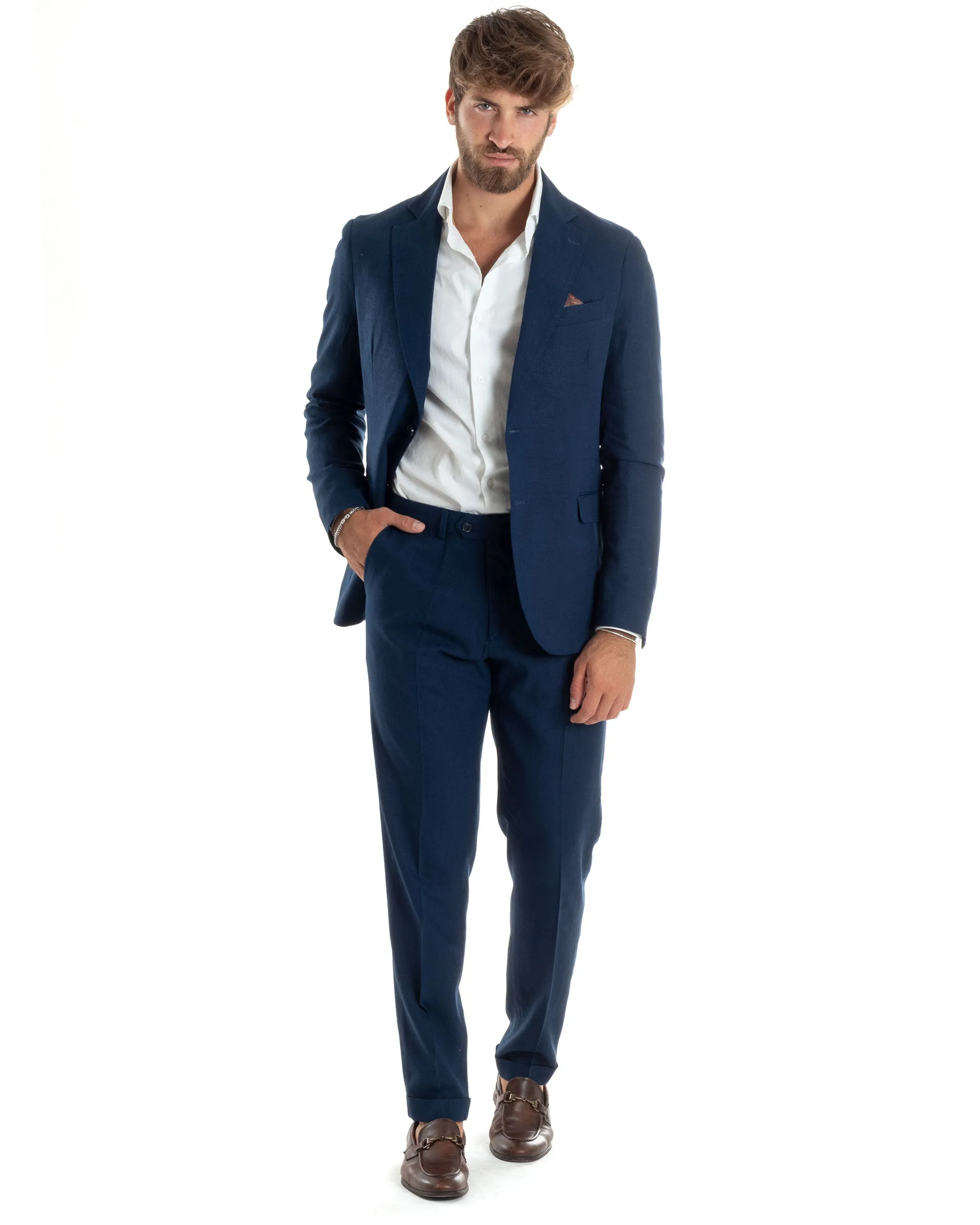 Abito Uomo Completo Lino Vestito Monopetto Sartoriale Giacca Pantaloni Casual Elegante Tinta Unita Blu GIOSAL-AE1075A