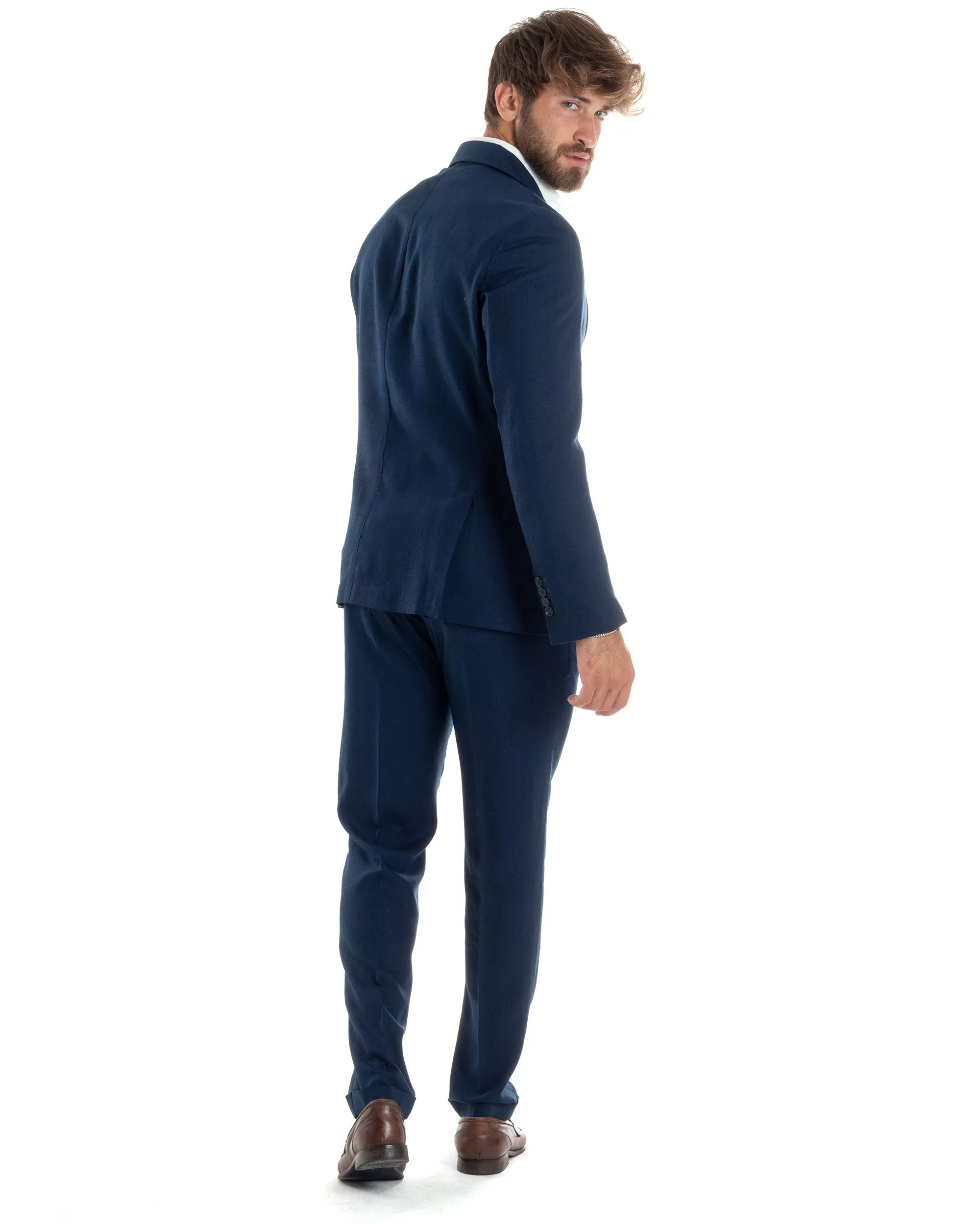 Abito Uomo Completo Lino Vestito Monopetto Sartoriale Giacca Pantaloni Casual Elegante Tinta Unita Blu GIOSAL-AE1075A