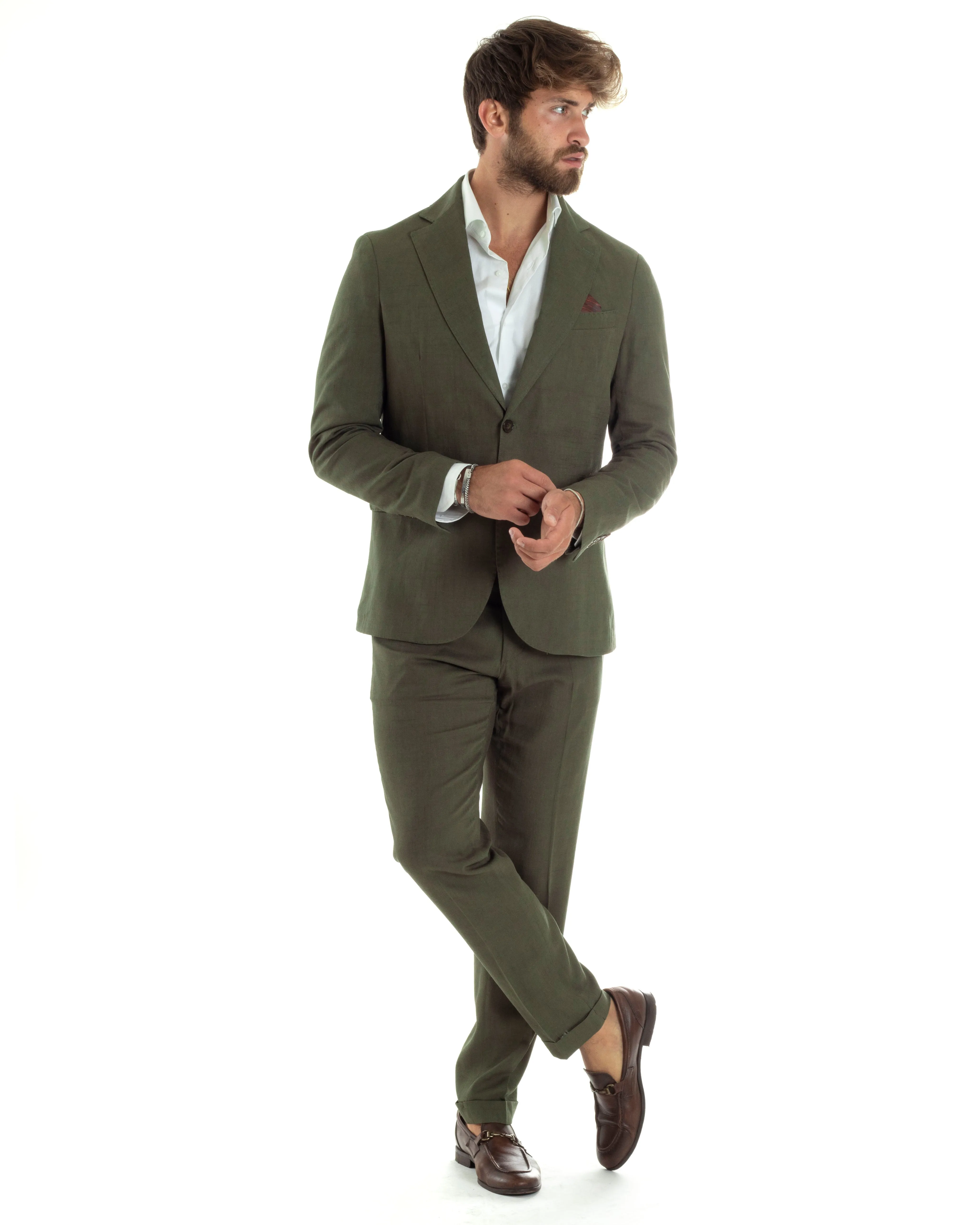 Abito Uomo Completo Lino Vestito Monopetto Sartoriale Giacca Pantaloni Casual Elegante Tinta Unita Verde GIOSAL-AE1074A