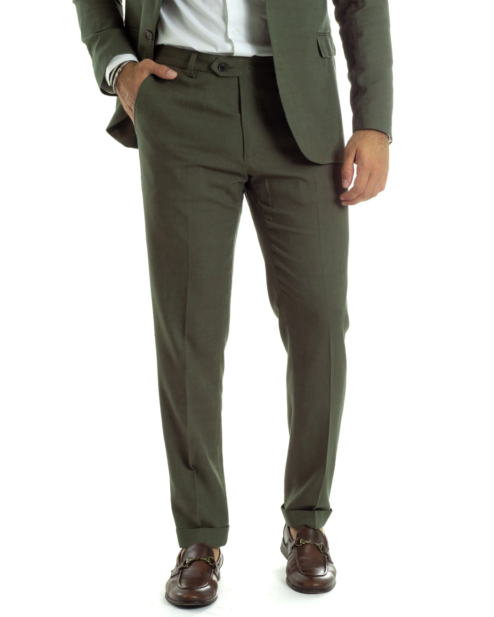 Abito Uomo Completo Lino Vestito Monopetto Sartoriale Giacca Pantaloni Casual Elegante Tinta Unita Verde GIOSAL-AE1074A