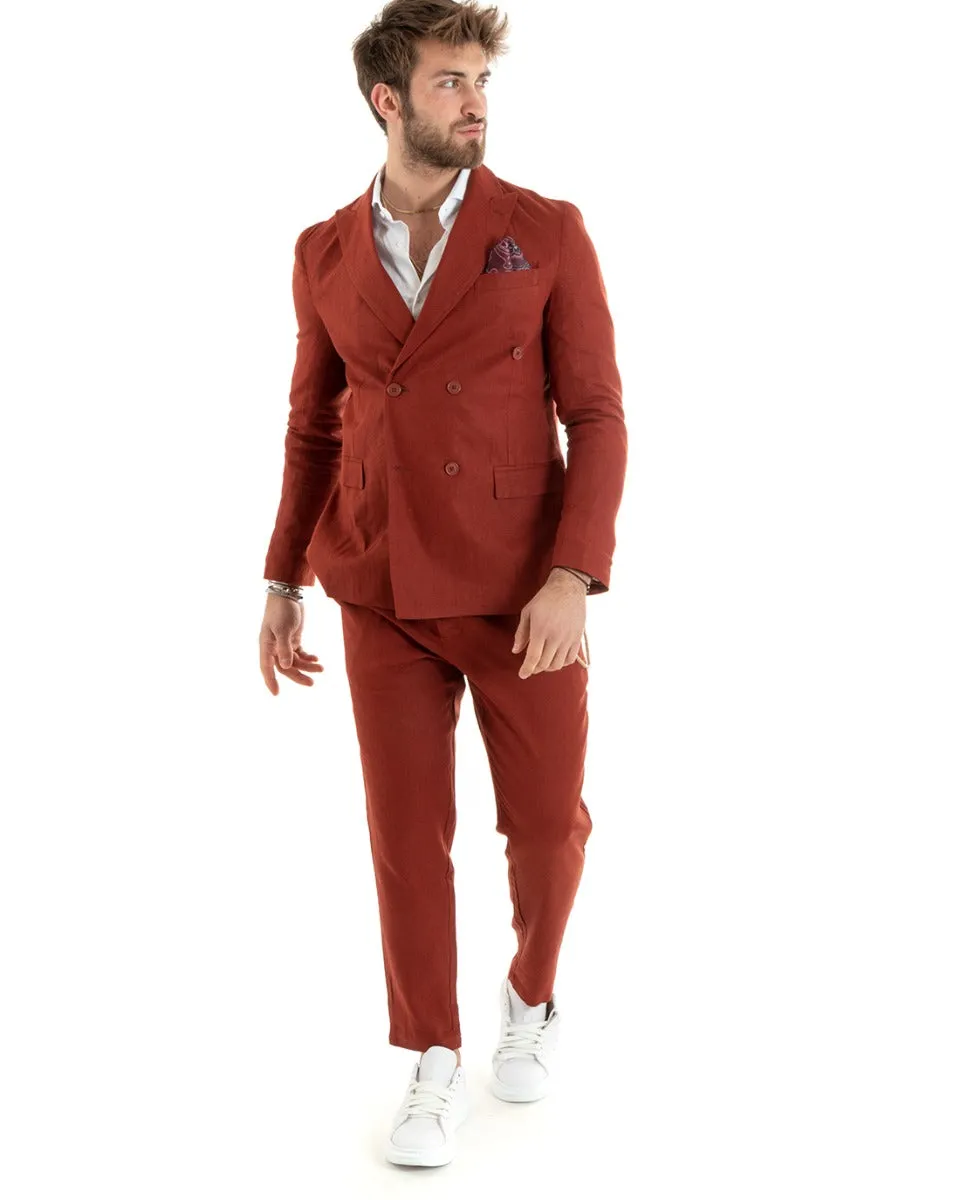 Abito Uomo Doppiopetto Completo Lino Sartoriale Giacca Pantaloni Tinta Unita Mattone GIOSAL-OU2335A