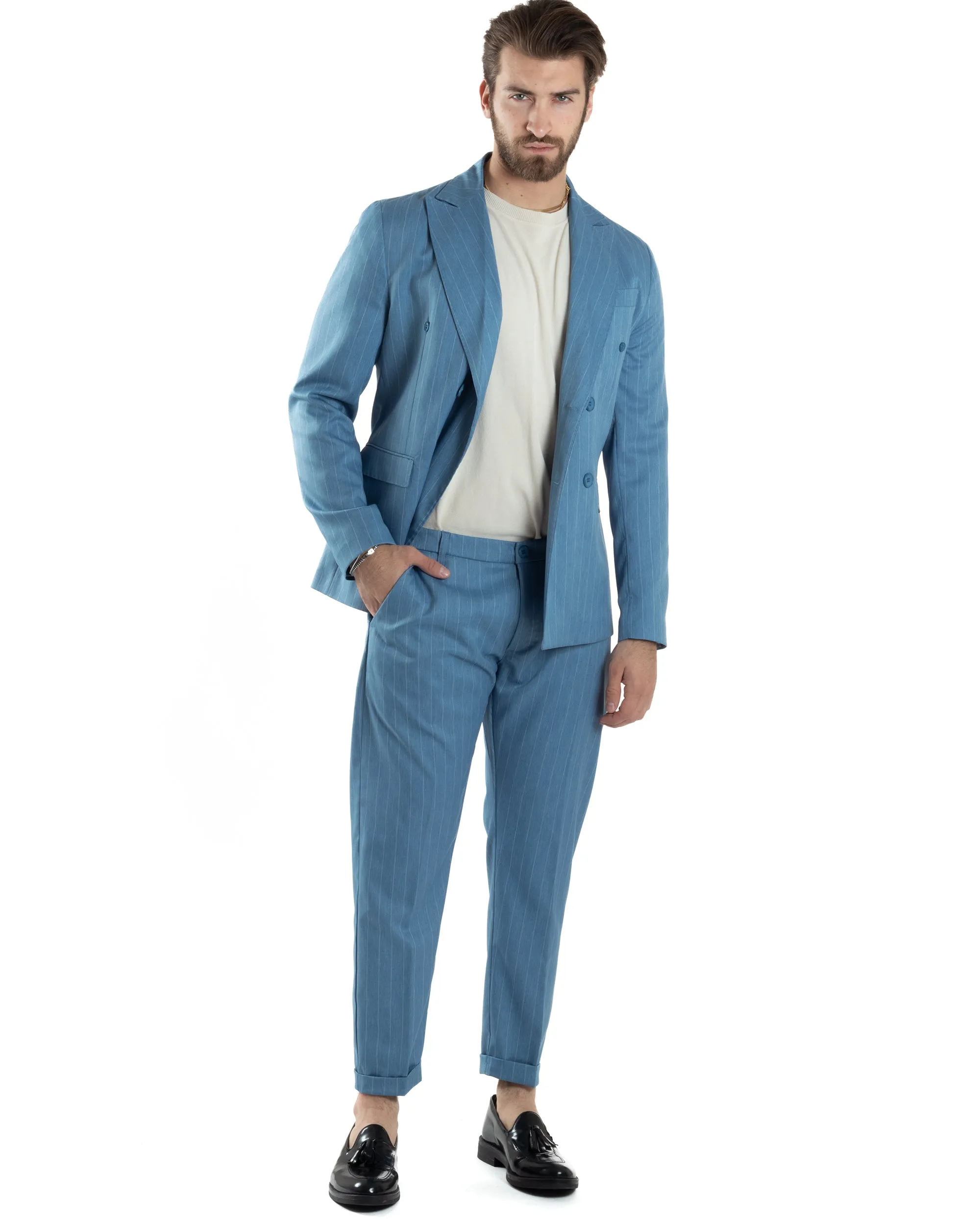 Abito Uomo Doppiopetto Vestito Completo Giacca Pantaloni Denim Gessato Elegante Casual GIOSAL-AE1055A