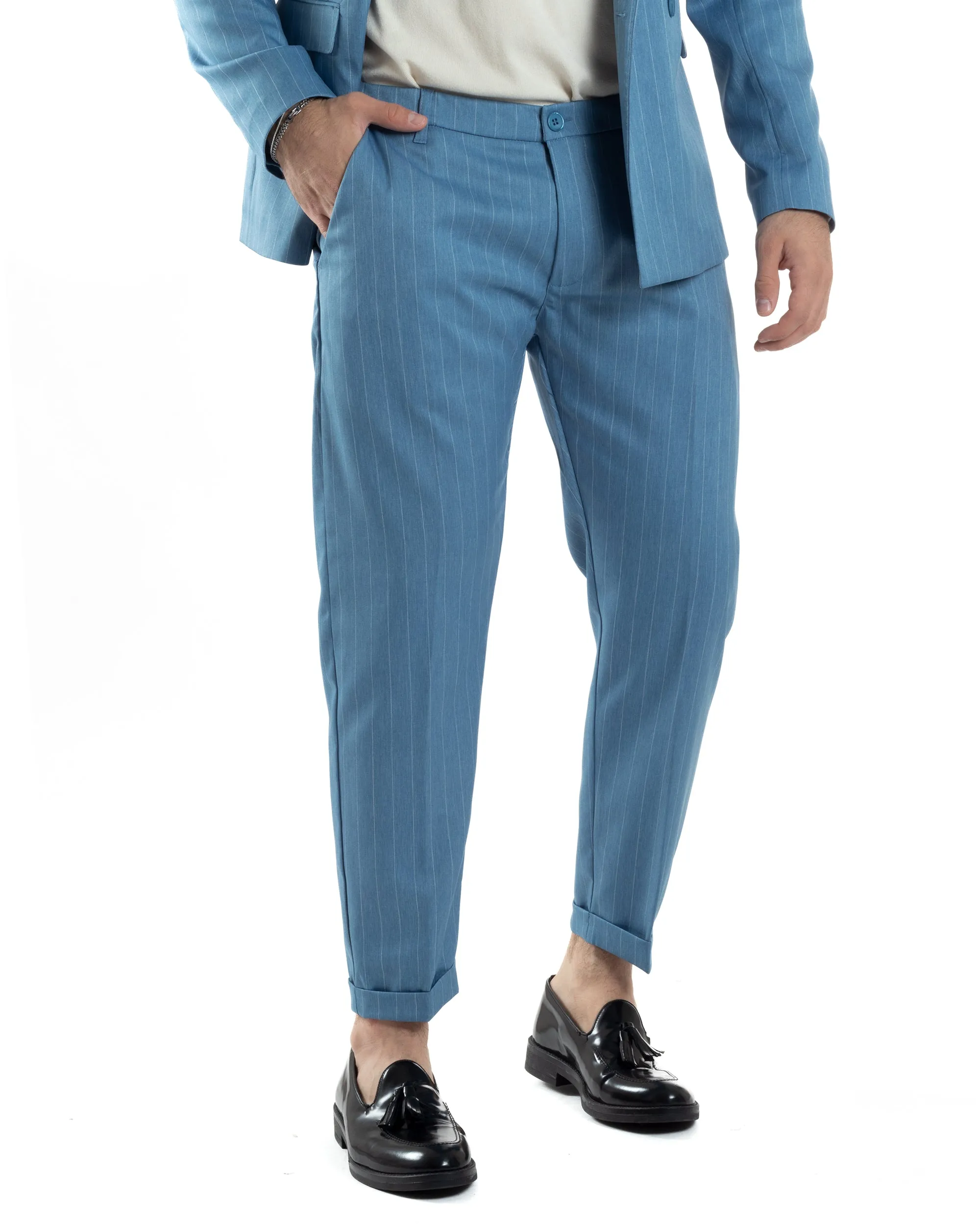 Abito Uomo Doppiopetto Vestito Completo Giacca Pantaloni Denim Gessato Elegante Casual GIOSAL-AE1055A