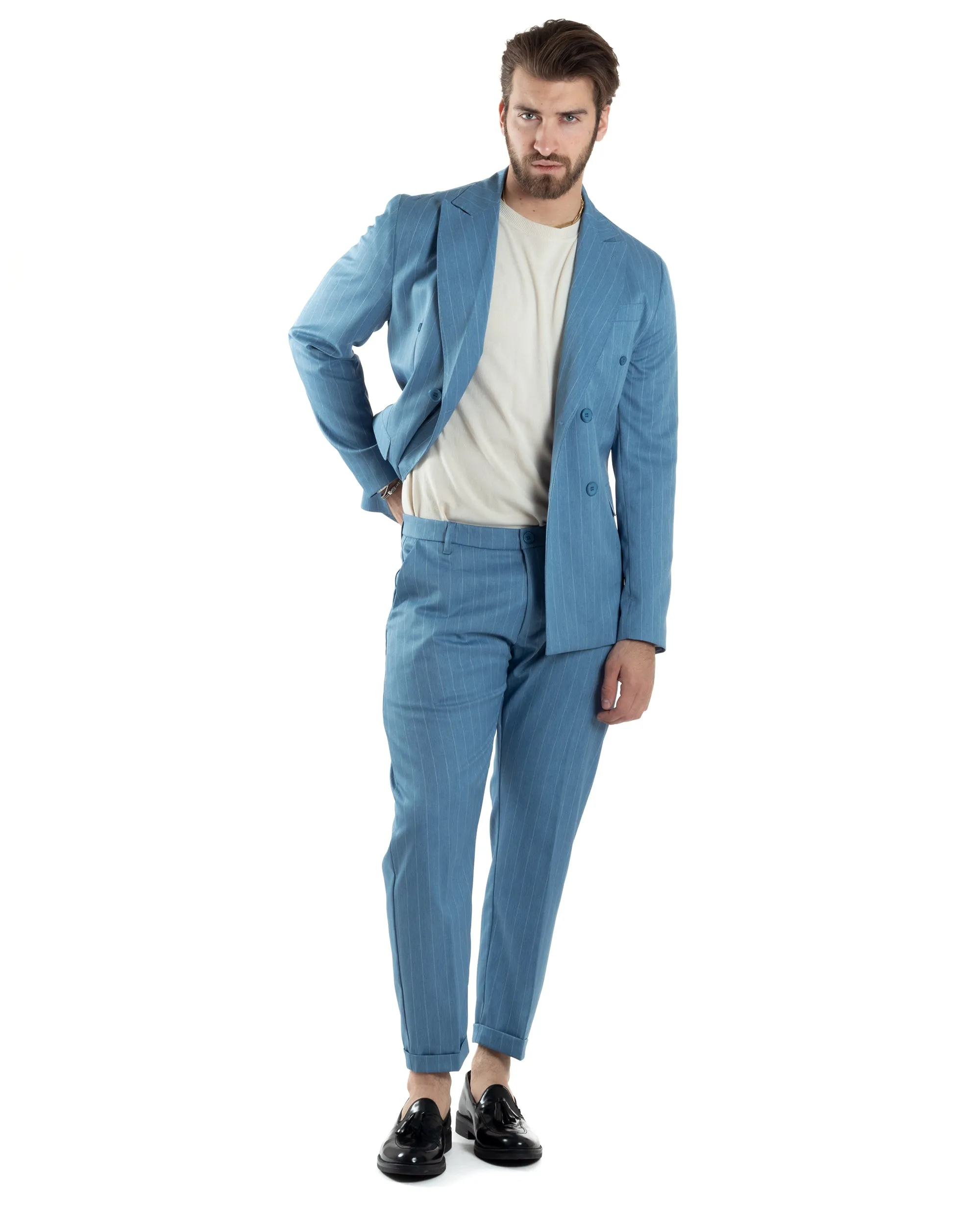 Abito Uomo Doppiopetto Vestito Completo Giacca Pantaloni Denim Gessato Elegante Casual GIOSAL-AE1055A