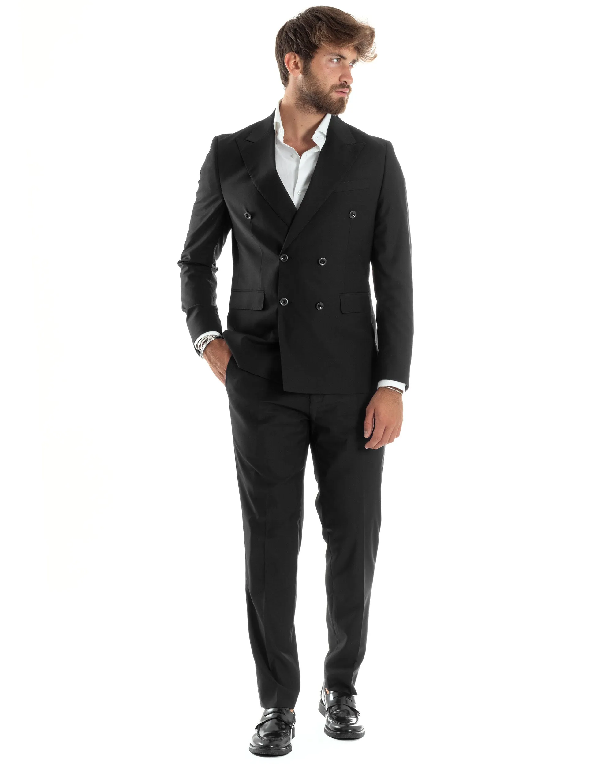 Abito Uomo Doppiopetto Vestito Completo Giacca Pantaloni Elegante Sartoriale Casual Tinta Unita Nero GIOSAL-AE1065A