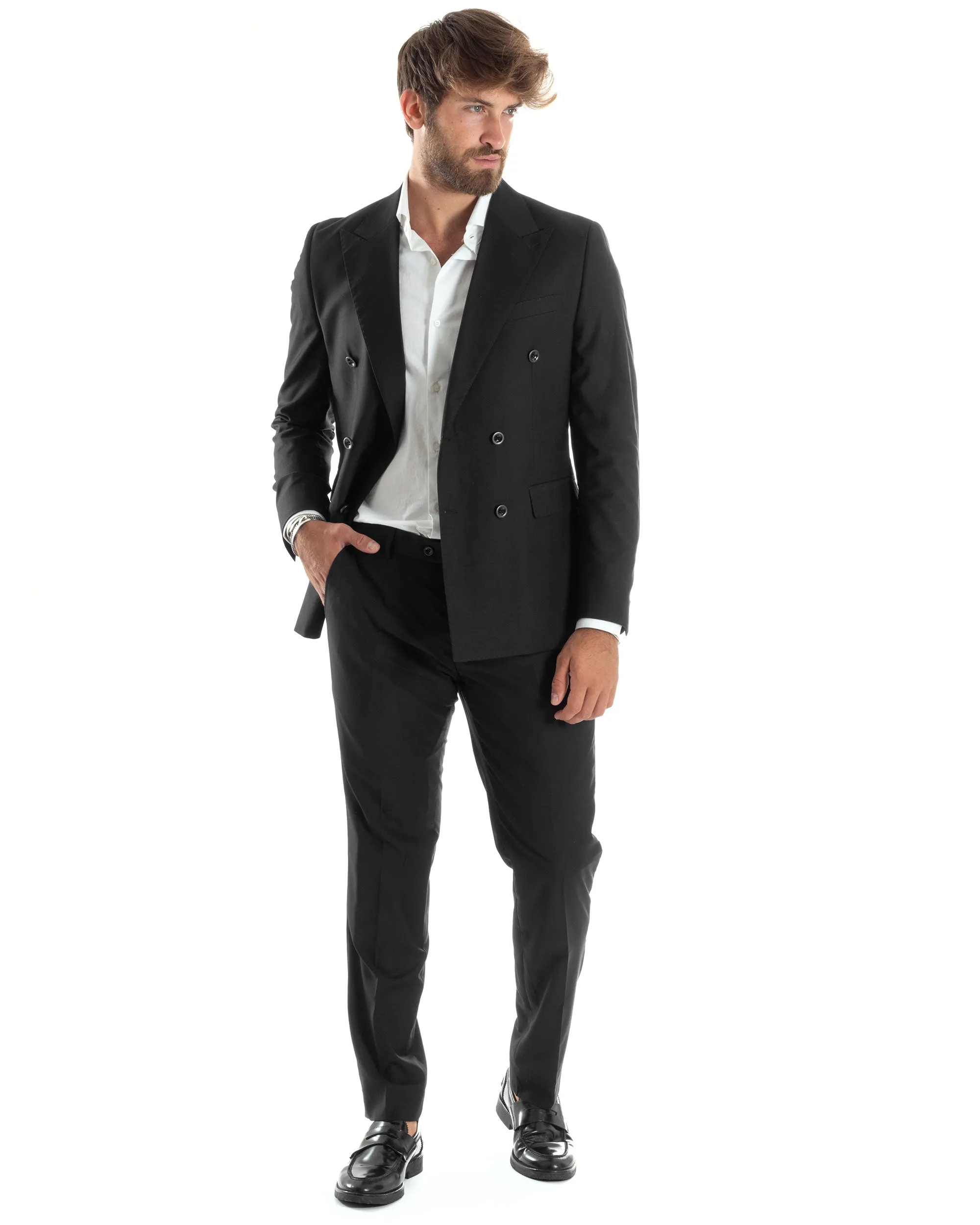 Abito Uomo Doppiopetto Vestito Completo Giacca Pantaloni Elegante Sartoriale Casual Tinta Unita Nero GIOSAL-AE1065A