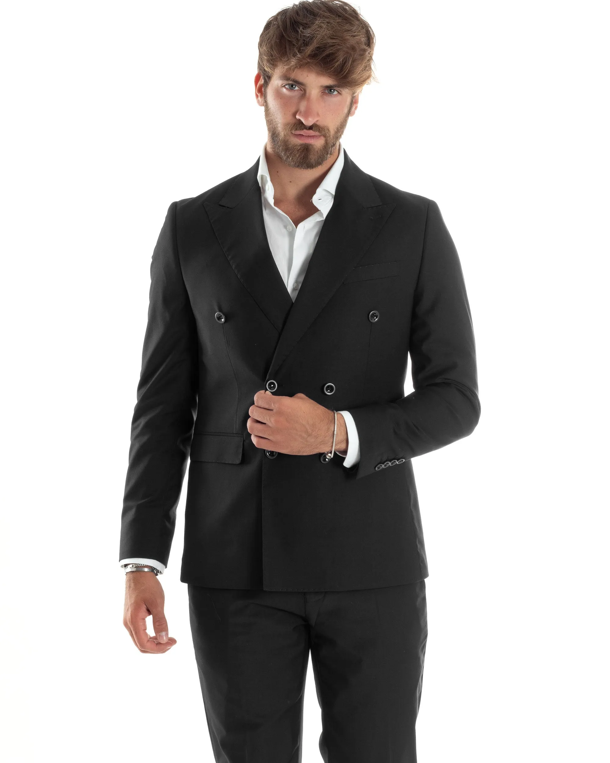 Abito Uomo Doppiopetto Vestito Completo Giacca Pantaloni Elegante Sartoriale Casual Tinta Unita Nero GIOSAL-AE1065A