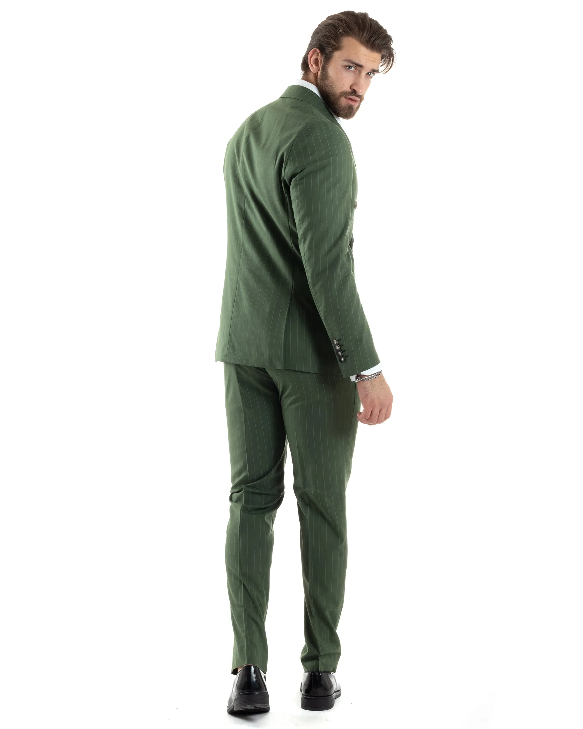 Abito Uomo Doppiopetto Vestito Completo Giacca Pantaloni Verde Gessato Elegante Casual GIOSAL-AE1049A