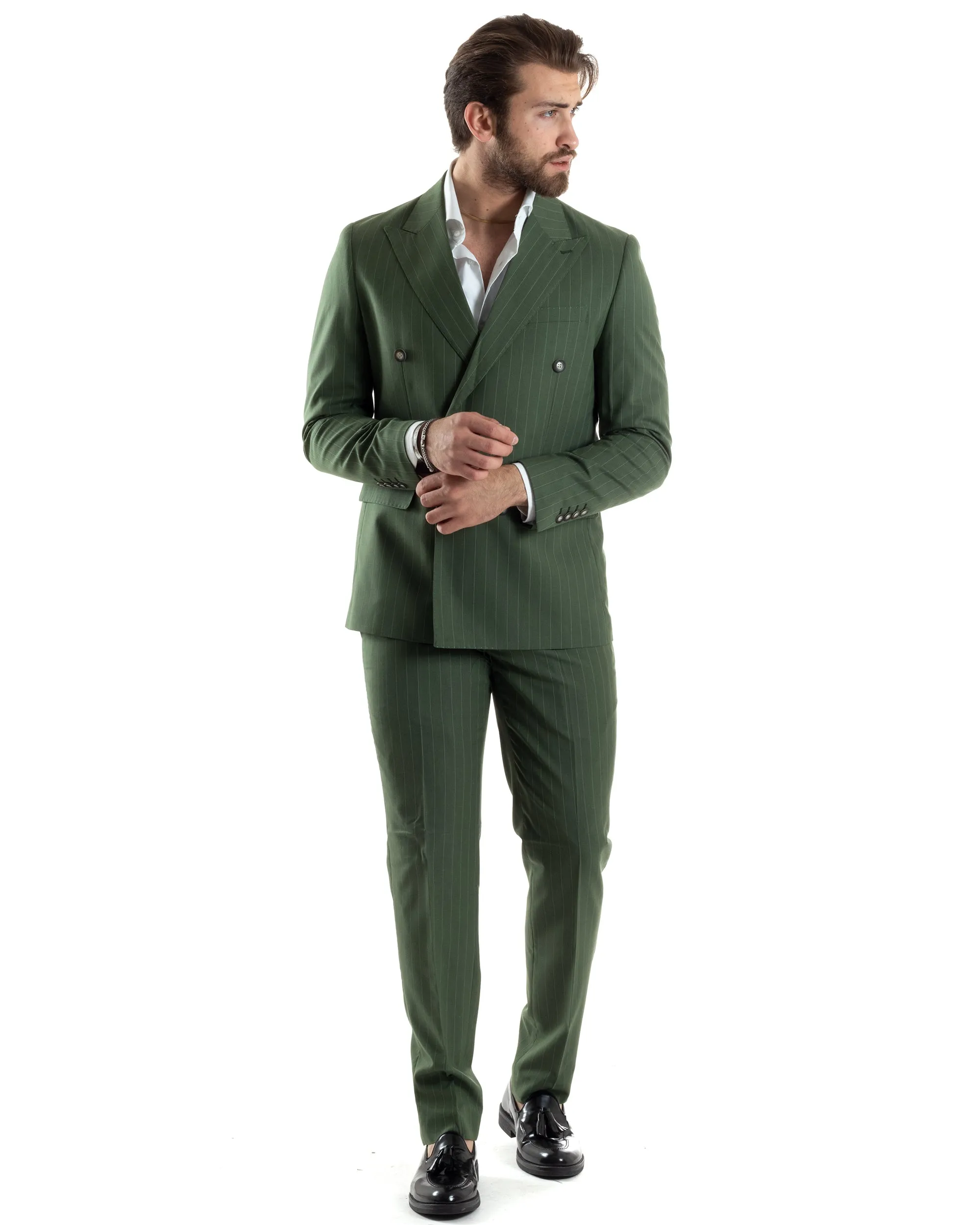 Abito Uomo Doppiopetto Vestito Completo Giacca Pantaloni Verde Gessato Elegante Casual GIOSAL-AE1049A