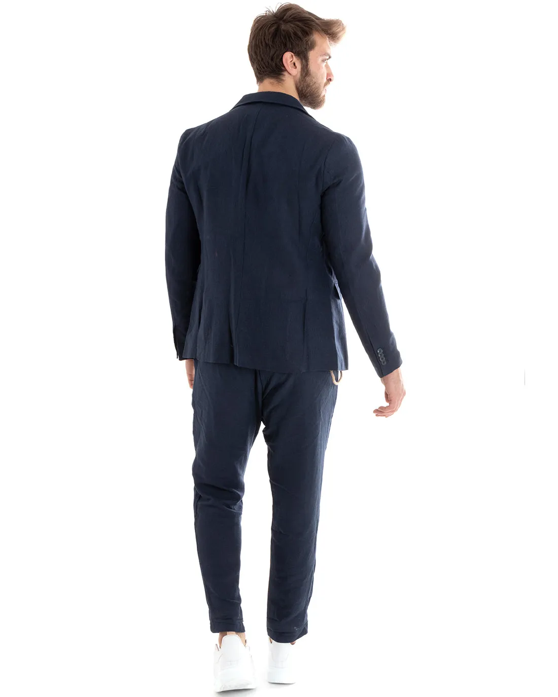 Abito Uomo Monopetto Completo Lino Sartoriale Giacca Pantaloni Tinta Unita Blu GIOSAL-OU2324A