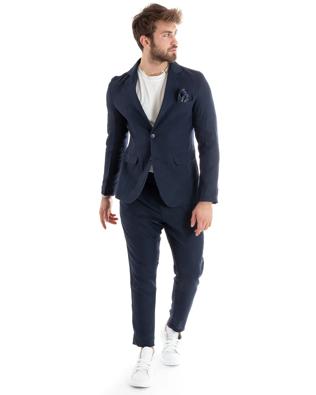 Abito Uomo Monopetto Completo Lino Sartoriale Giacca Pantaloni Tinta Unita Blu GIOSAL-OU2324A