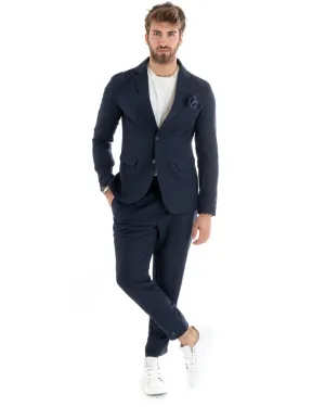 Abito Uomo Monopetto Completo Lino Sartoriale Giacca Pantaloni Tinta Unita Blu GIOSAL-OU2324A