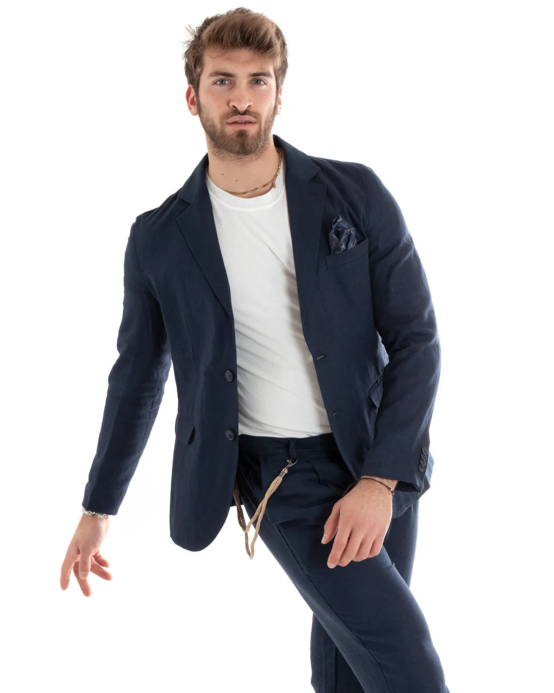 Abito Uomo Monopetto Completo Lino Sartoriale Giacca Pantaloni Tinta Unita Blu GIOSAL-OU2324A