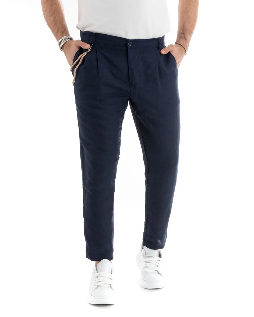 Abito Uomo Monopetto Completo Lino Sartoriale Giacca Pantaloni Tinta Unita Blu GIOSAL-OU2324A