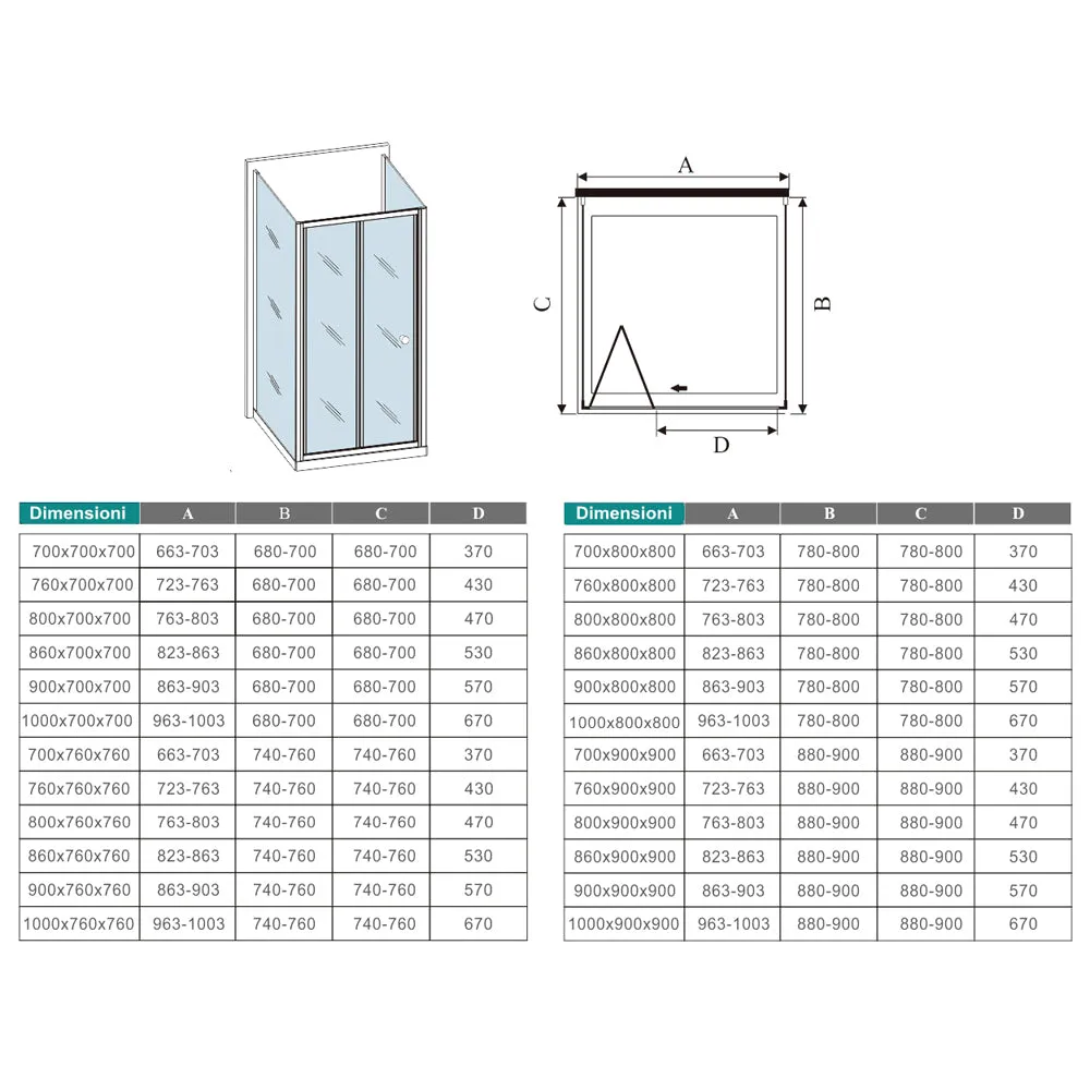 Aica 185cm Box Doccia a Tre Lati Porta a Soffietto con Doppia Parete Fissa in Vetro Temperato Trasparente 5mm Profilo Cromo Lucido