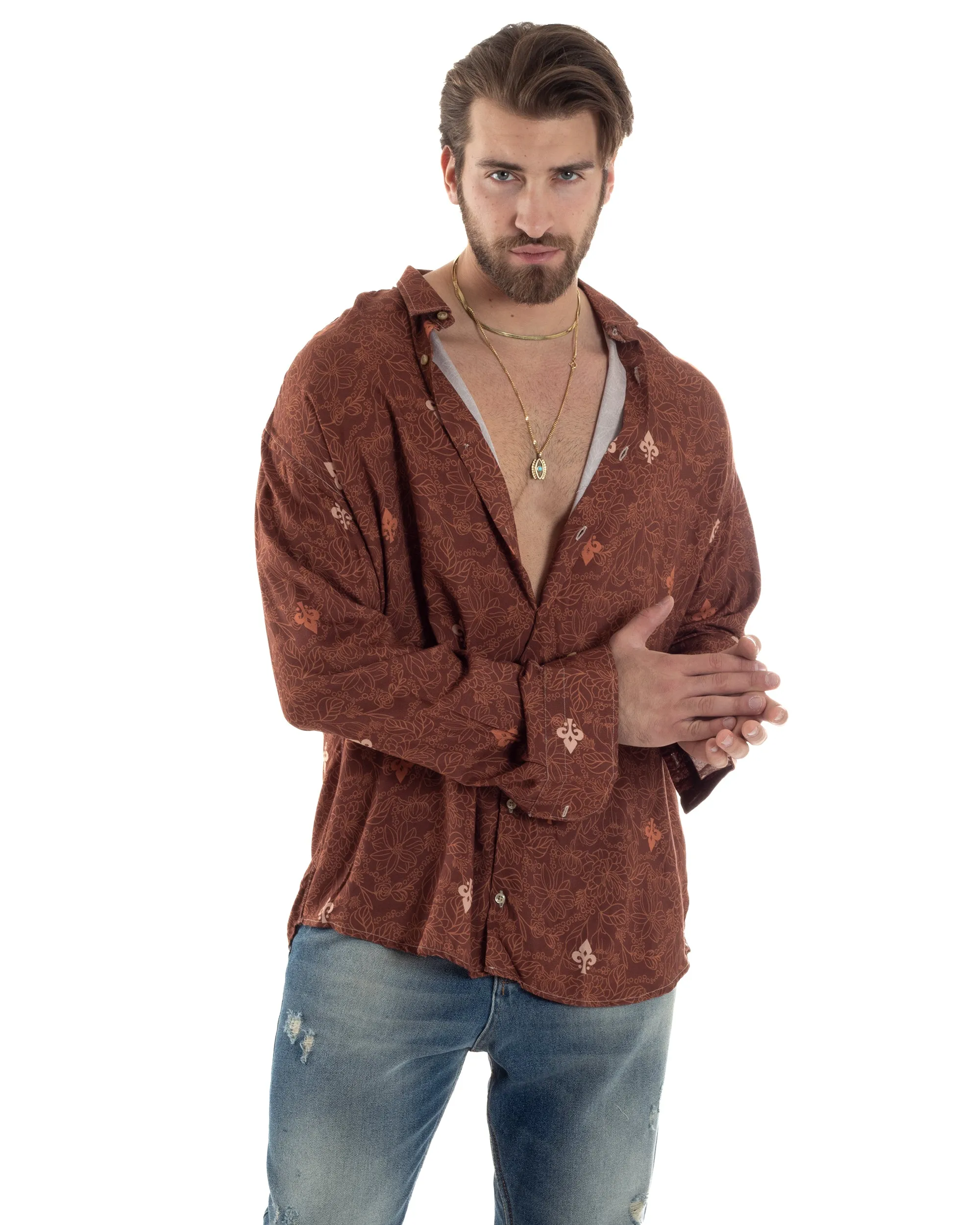 Camicia Uomo Con Colletto Manica Lunga Floreale Regular Fit Viscosa Morbida Comoda Oversize GIOSAL-C2858A