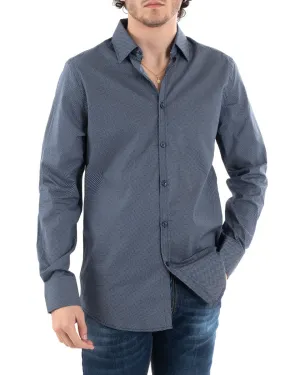 Camicia Uomo Con Colletto Manica Lunga Slim Fit Casual Cotone Fantasia Pois Blu GIOSAL-C1169A