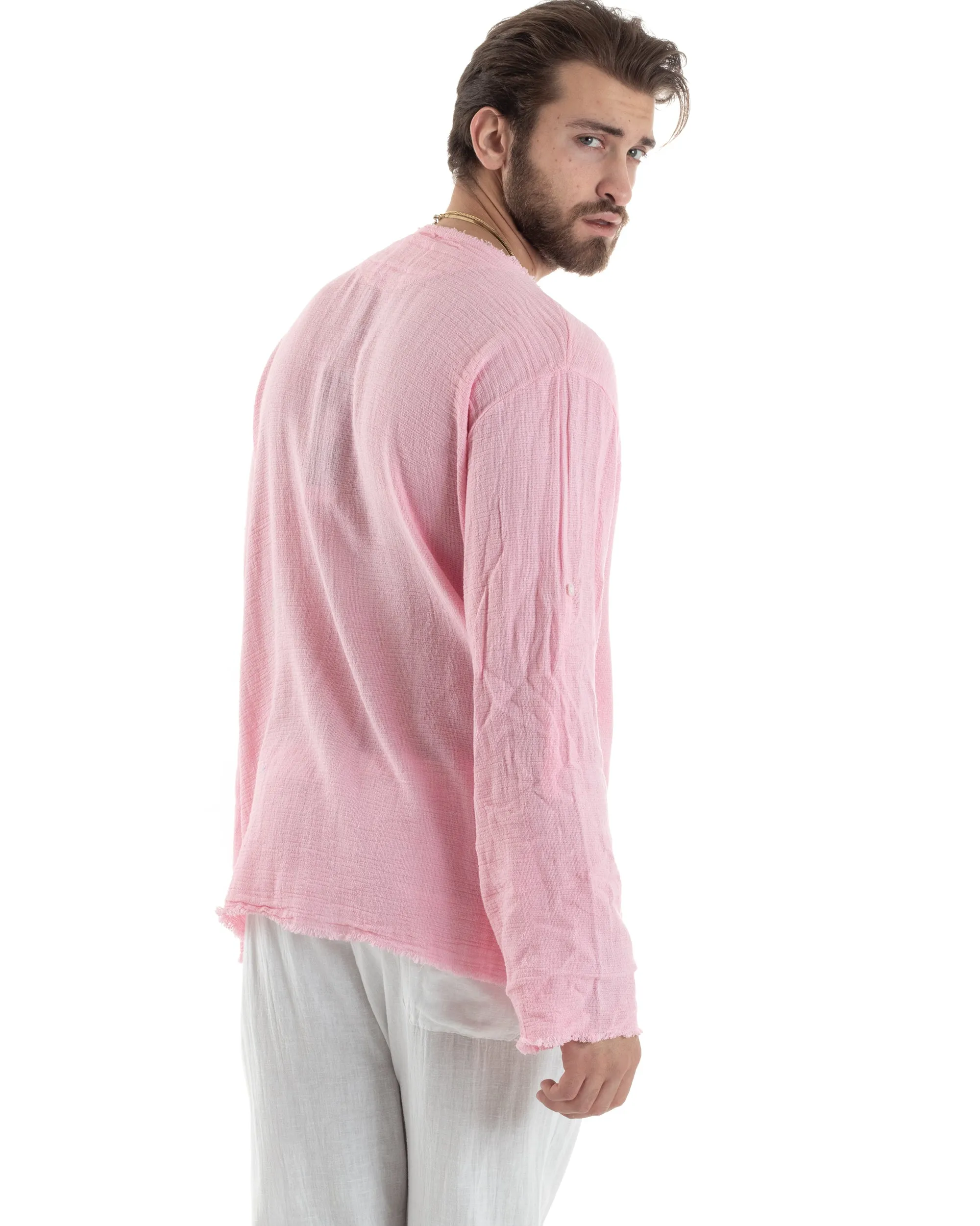 Camicia Uomo Manica Lunga Casacca Cotone Lino Scollo V Sfrangiata Regular Fit Rosa GIOSAL-C2850A