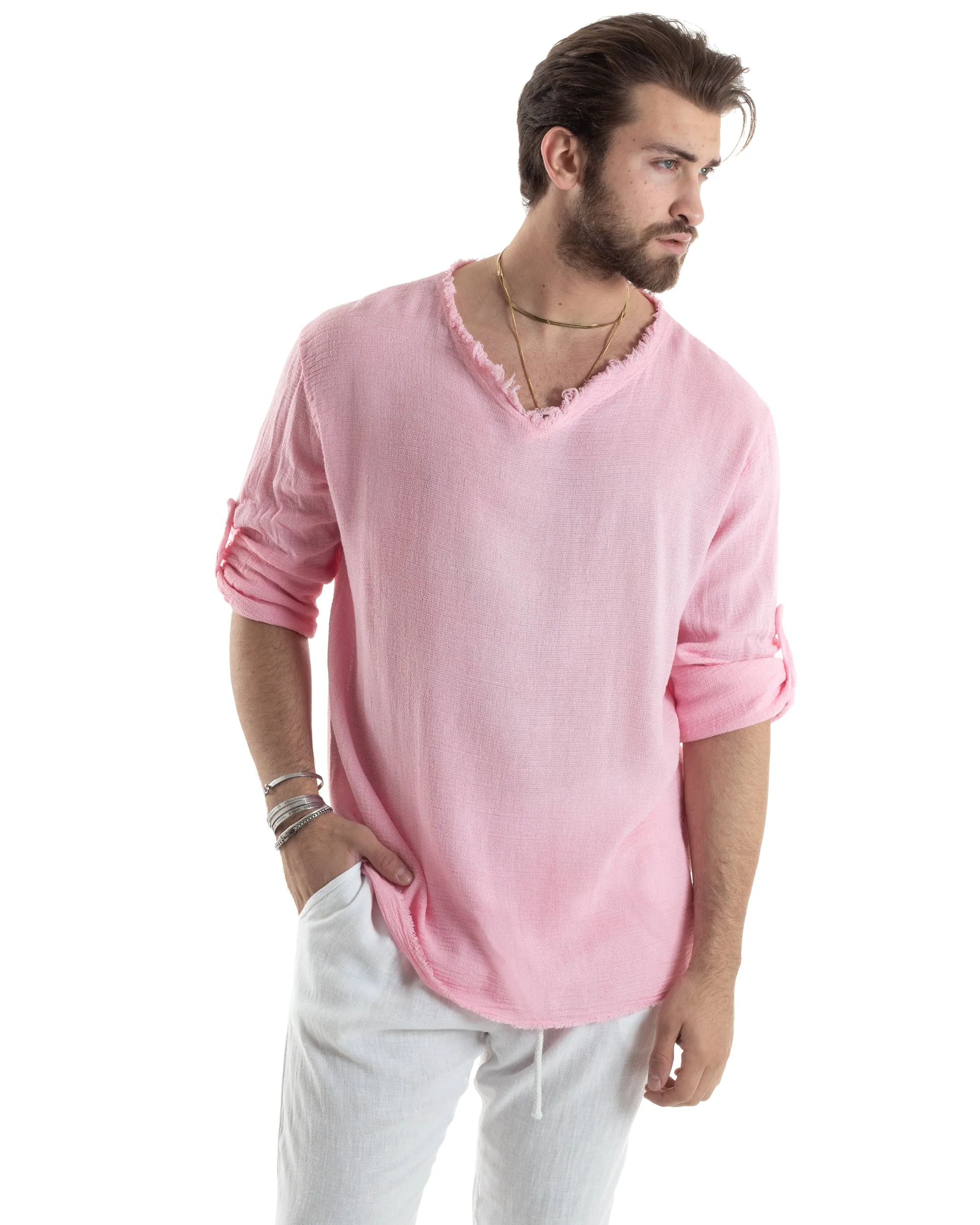 Camicia Uomo Manica Lunga Casacca Cotone Lino Scollo V Sfrangiata Regular Fit Rosa GIOSAL-C2850A