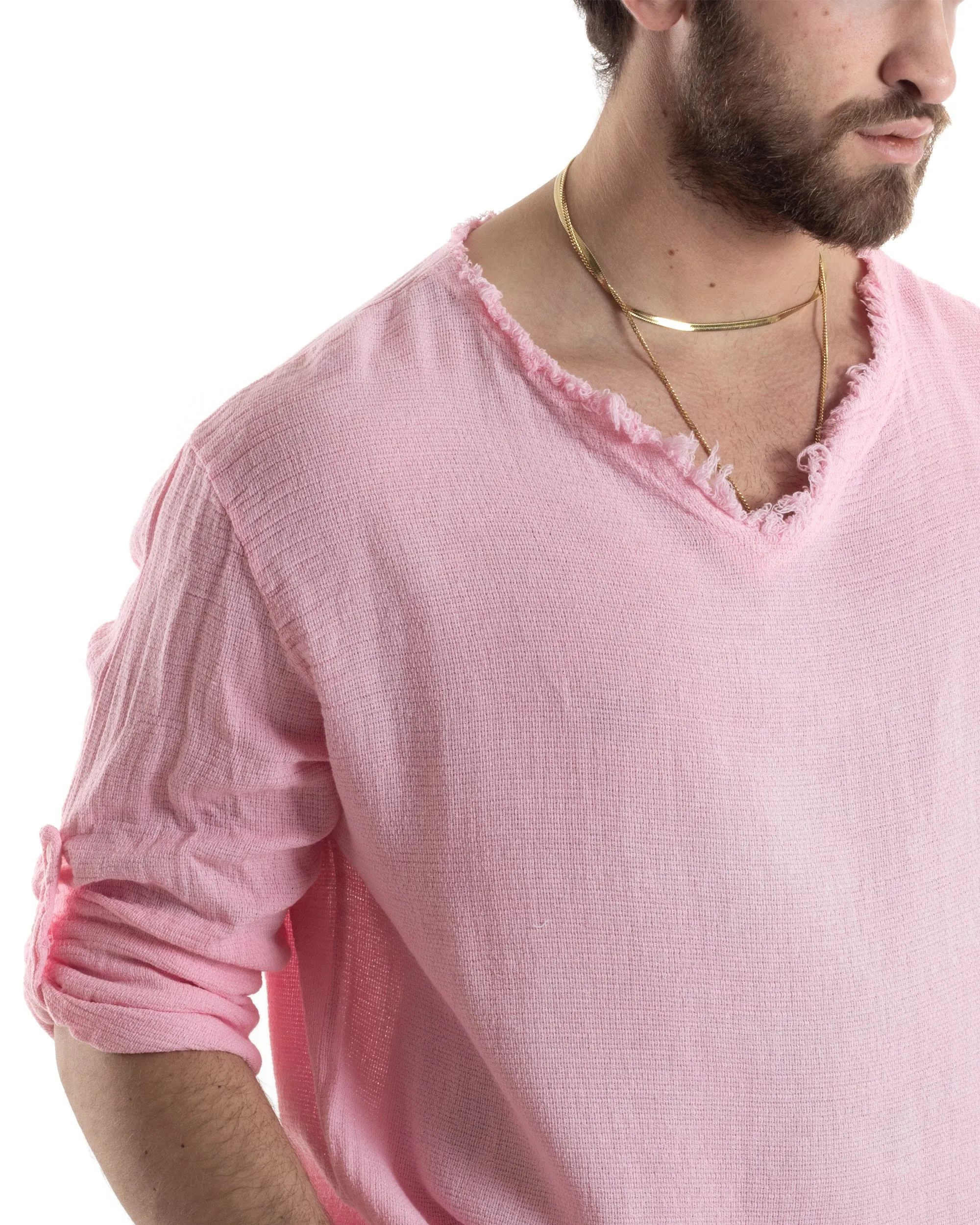 Camicia Uomo Manica Lunga Casacca Cotone Lino Scollo V Sfrangiata Regular Fit Rosa GIOSAL-C2850A