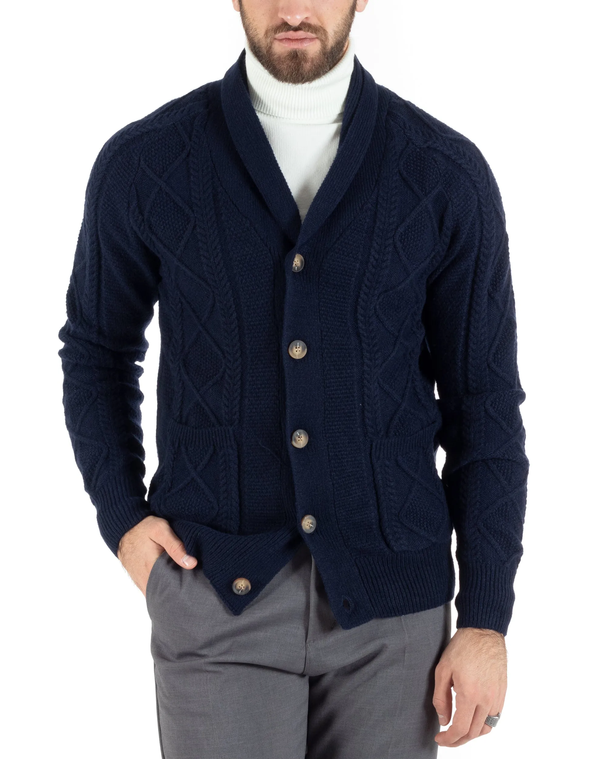 Cardigan Uomo Giacca Con Bottoni Maglia Con Tasche A Toppa Maglione Con Trecce Blu Casual GIOSAL-M2791A