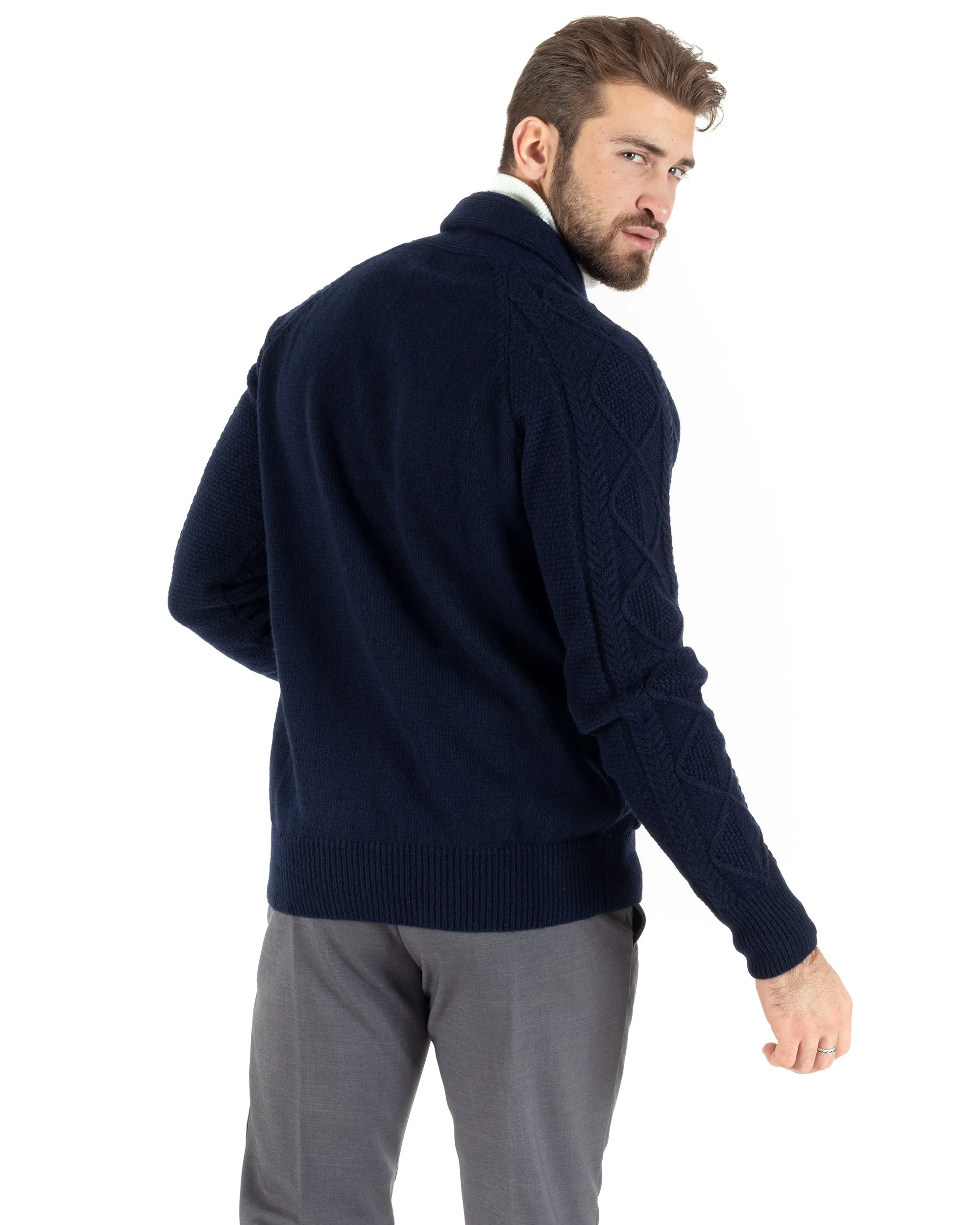 Cardigan Uomo Giacca Con Bottoni Maglia Con Tasche A Toppa Maglione Con Trecce Blu Casual GIOSAL-M2791A