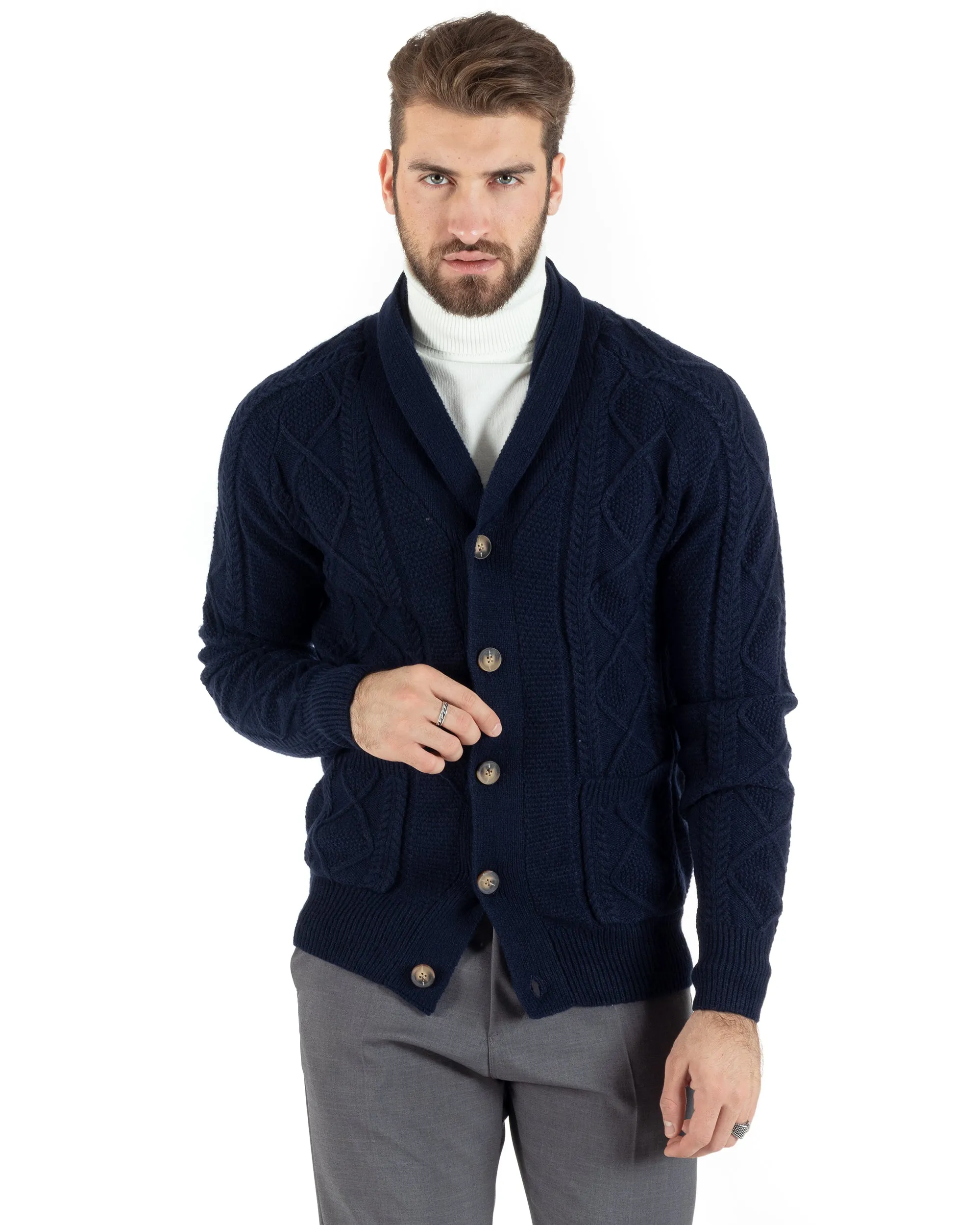 Cardigan Uomo Giacca Con Bottoni Maglia Con Tasche A Toppa Maglione Con Trecce Blu Casual GIOSAL-M2791A