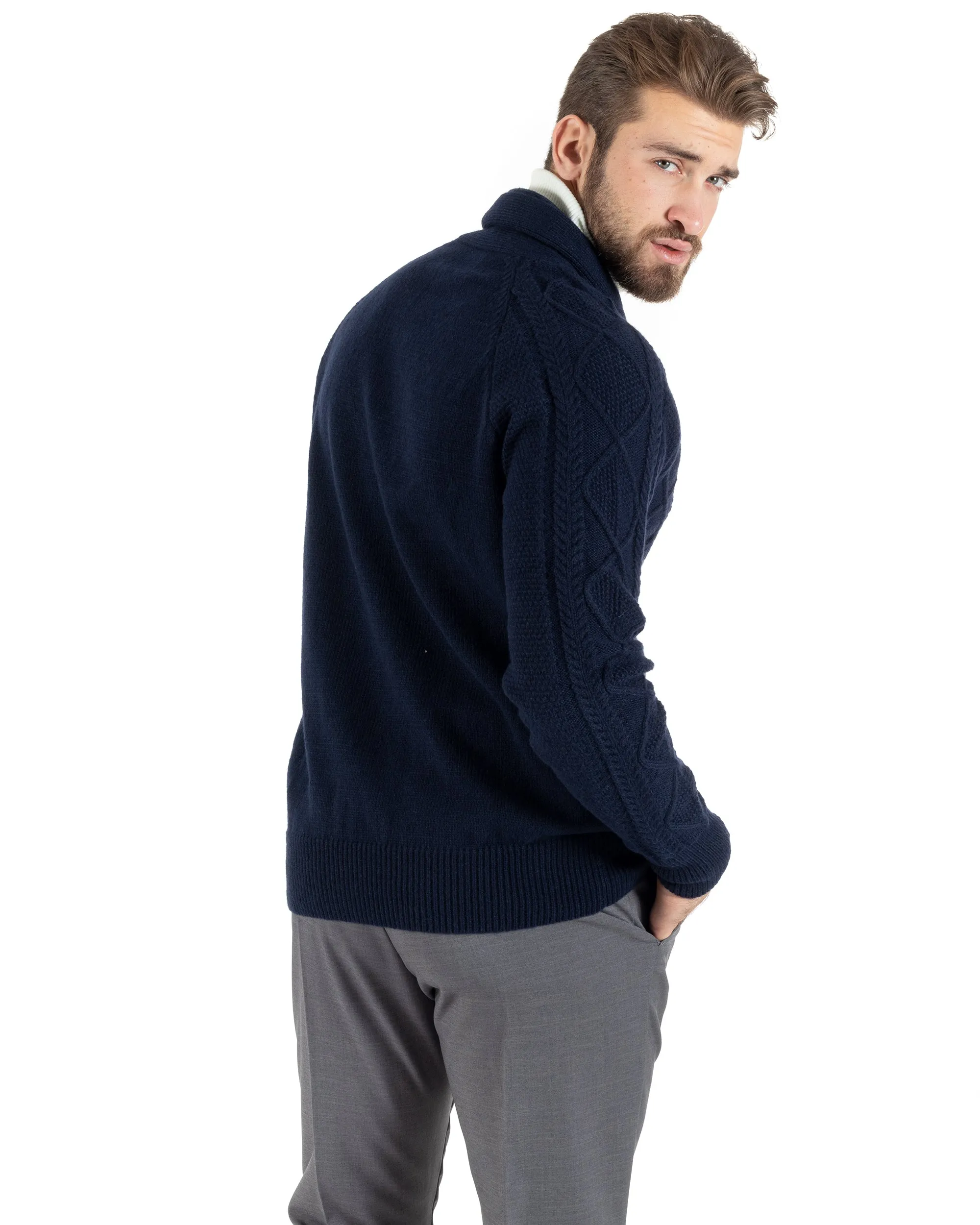 Cardigan Uomo Giacca Con Bottoni Maglia Con Tasche A Toppa Maglione Con Trecce Blu Casual GIOSAL-M2791A