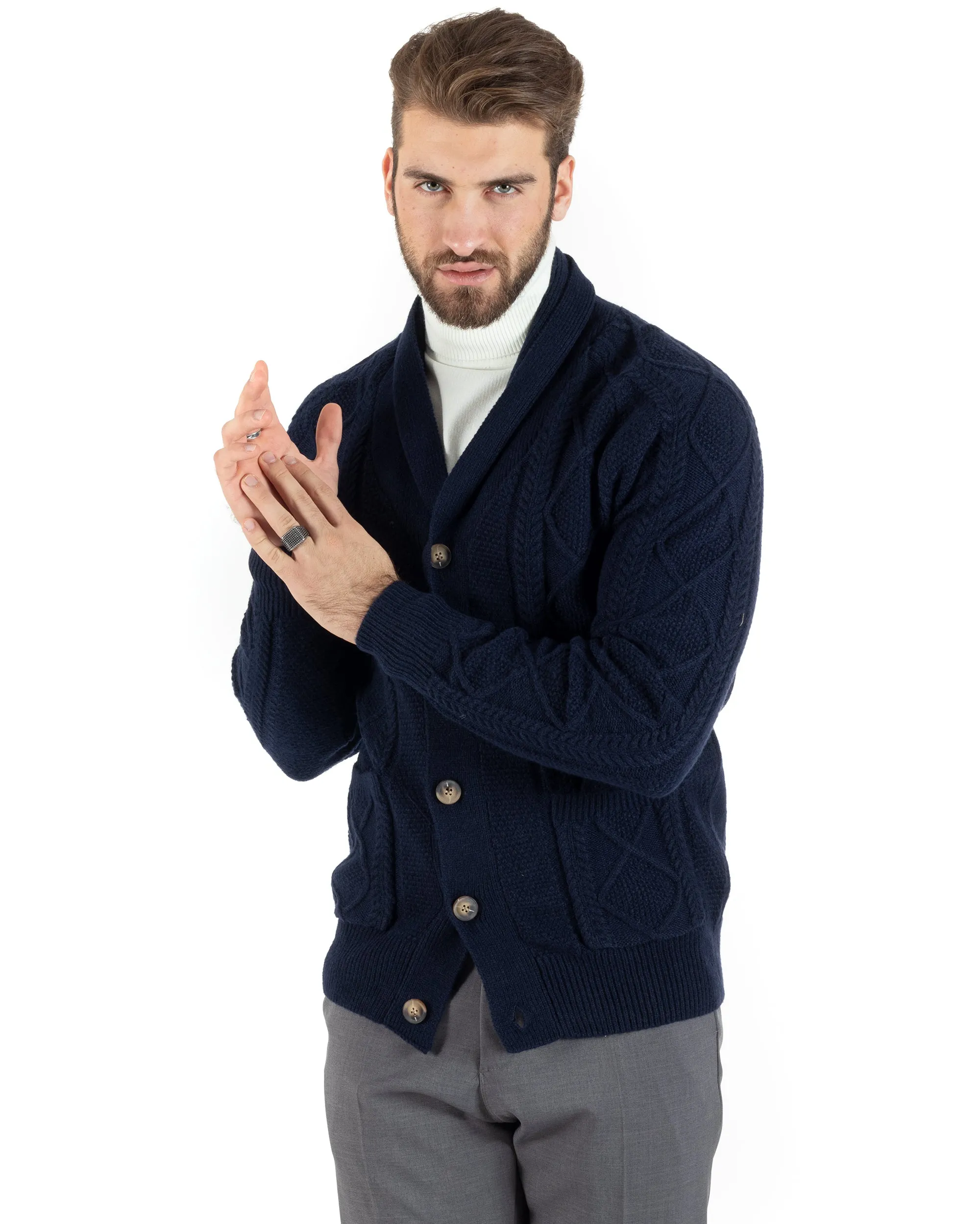 Cardigan Uomo Giacca Con Bottoni Maglia Con Tasche A Toppa Maglione Con Trecce Blu Casual GIOSAL-M2791A