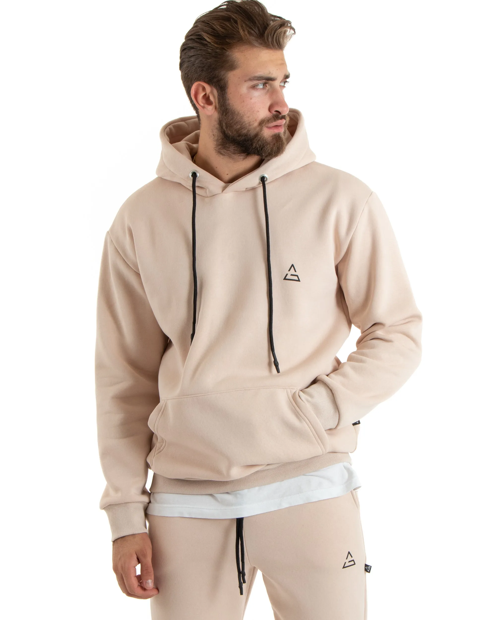 Completo Tuta Uomo Basic Felpa Con Cappuccio Pantaloni Cotone Felpato Tinta Unita Rosa GIOSAL-OU2417A