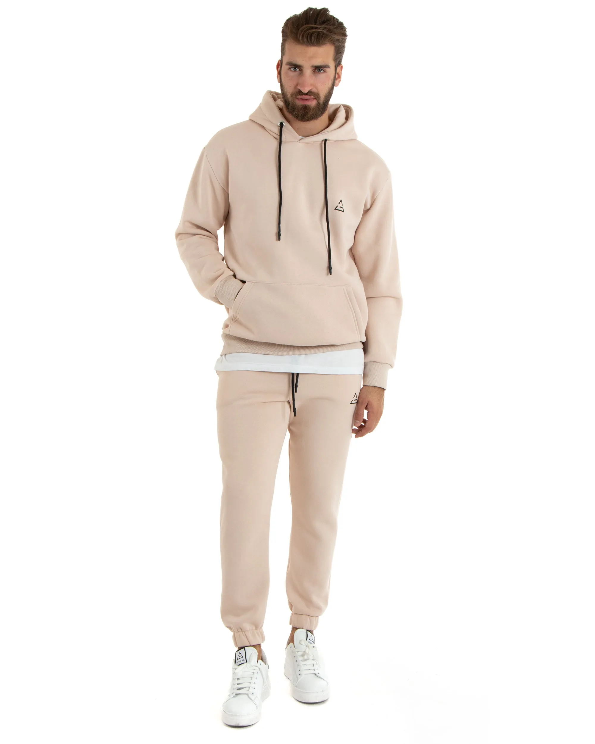 Completo Tuta Uomo Basic Felpa Con Cappuccio Pantaloni Cotone Felpato Tinta Unita Rosa GIOSAL-OU2417A