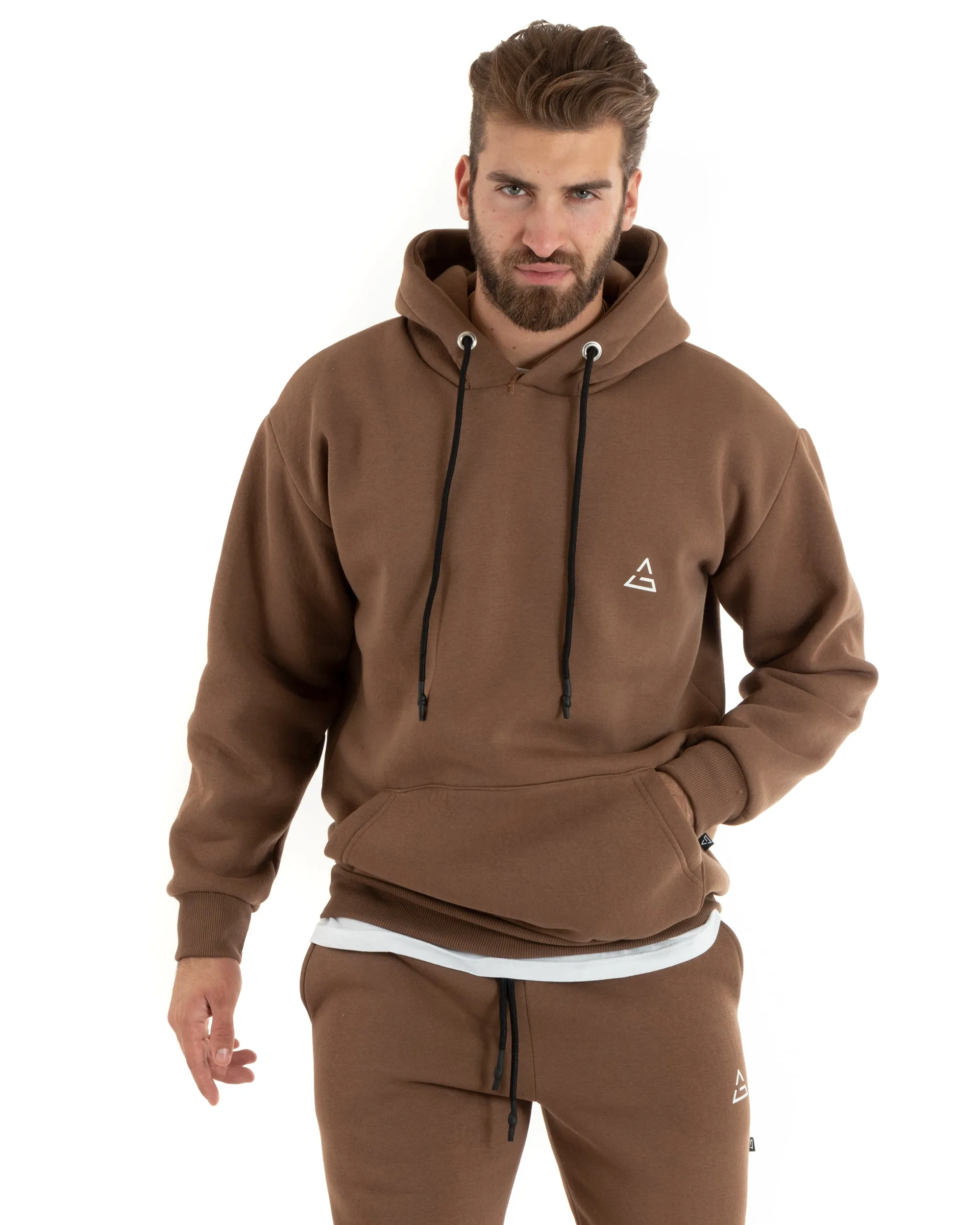 Felpa Uomo Con Cappuccio Maglia Felpata Basic Tinta Unita Camel Regular Fit GIOSAL-F3018A