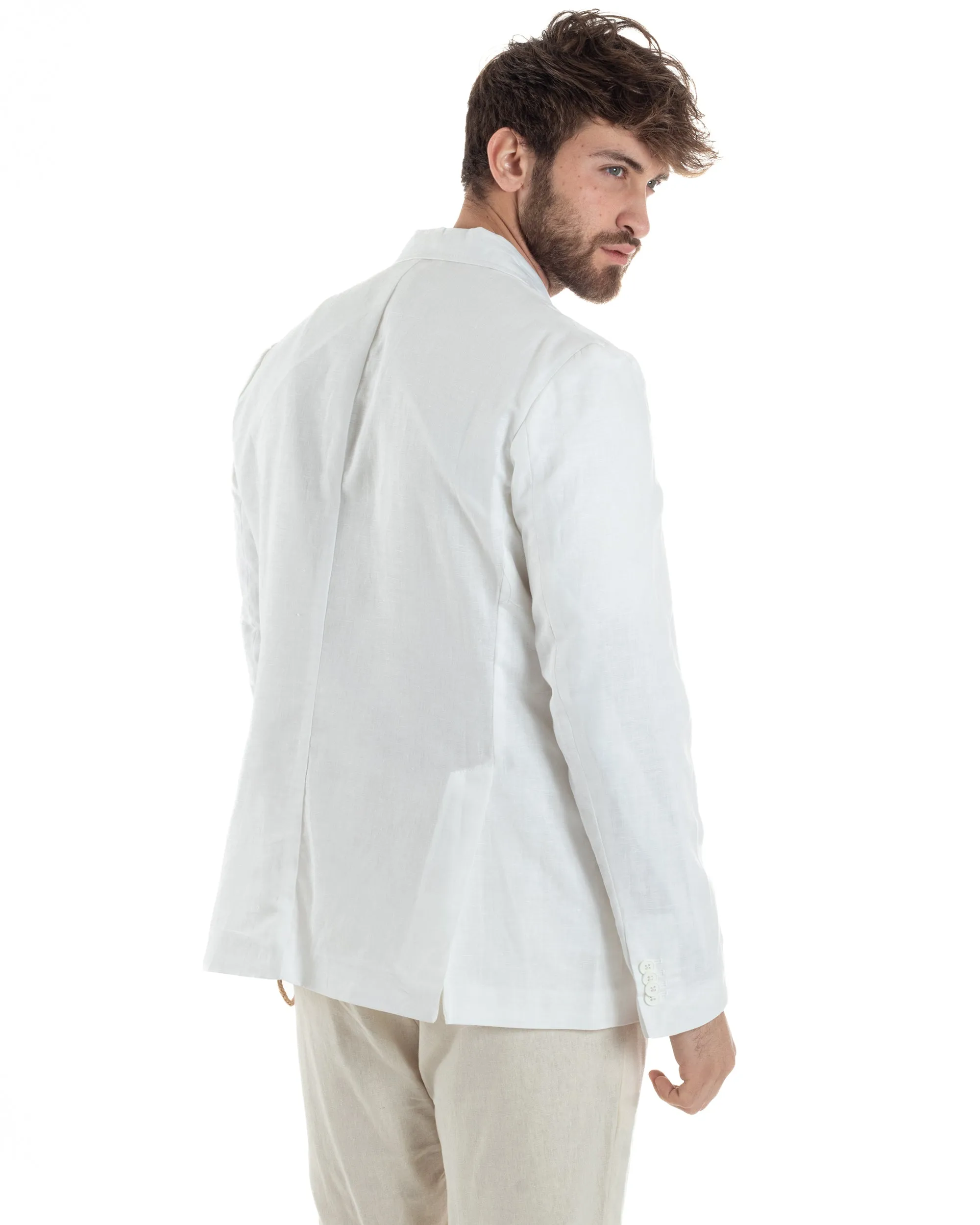 Giacca Uomo Lino Doppiopetto Melangiata Cerimonia Elegante Casual Bianco GIOSAL-G3187A