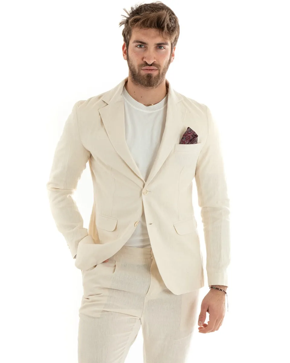 Giacca Uomo Monopetto Lino Tinta Unita Beige Sartoriale Cerimonia Elegante Casual GIOSAL-G3053A