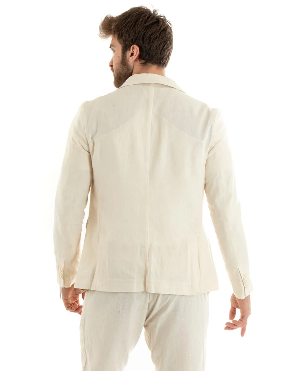 Giacca Uomo Monopetto Lino Tinta Unita Beige Sartoriale Cerimonia Elegante Casual GIOSAL-G3053A