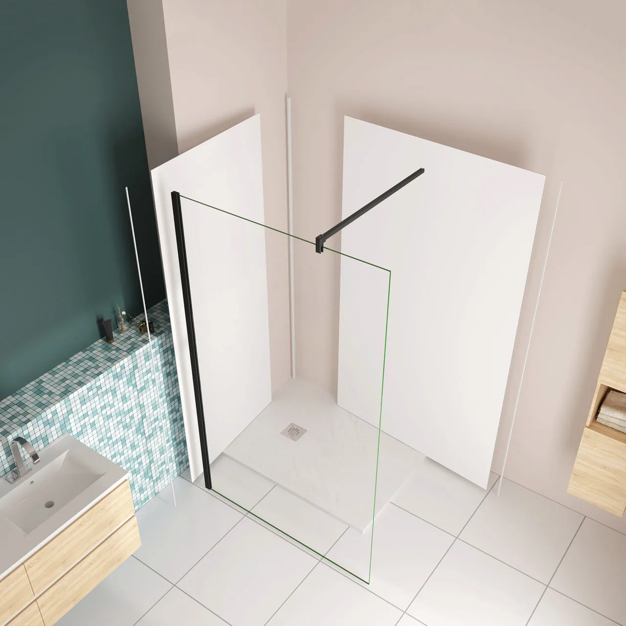 H.210cm Pannello Doccia ad Angolo Realizzato in Alluminio da 3mm con Profili Finitura Bianco Opaco per Rivestimento Parete Bagno