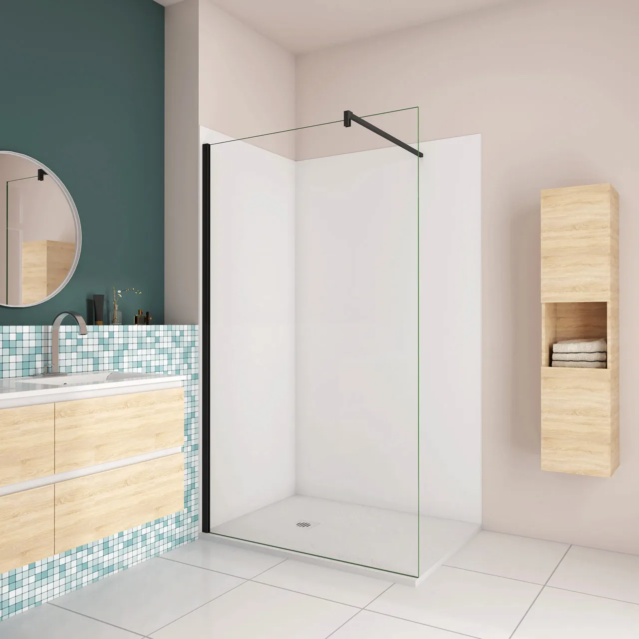 H.210cm Pannello Doccia ad Angolo Realizzato in Alluminio da 3mm con Profili Finitura Bianco Opaco per Rivestimento Parete Bagno