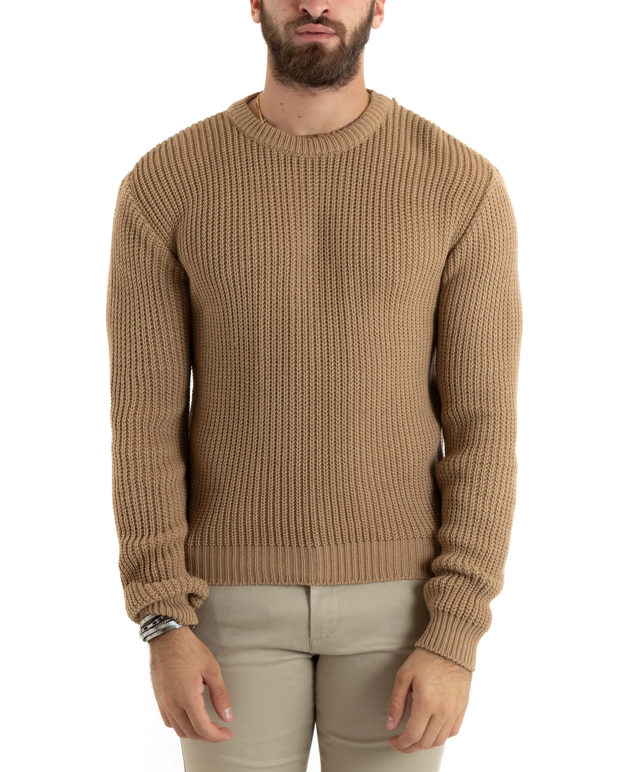 Maglioncino Uomo Girocollo Tinta Unita Camel Maglia Inglese Basic GIOSAL-M2756A