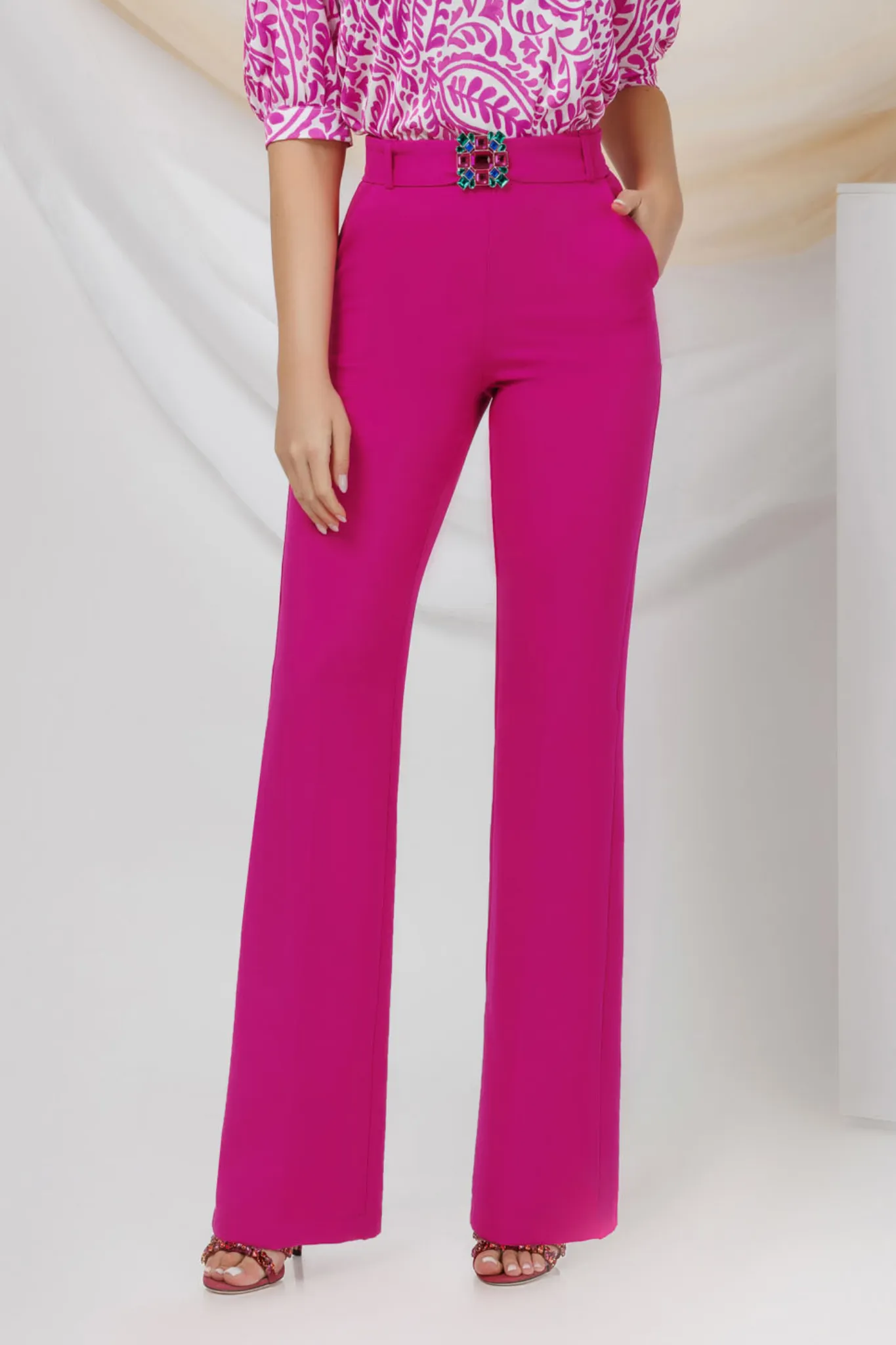 Pantaloni eleganti fucsia a gamba larga Pretty Girl con cintura rimovibile accessoriata con fibbia gioiello