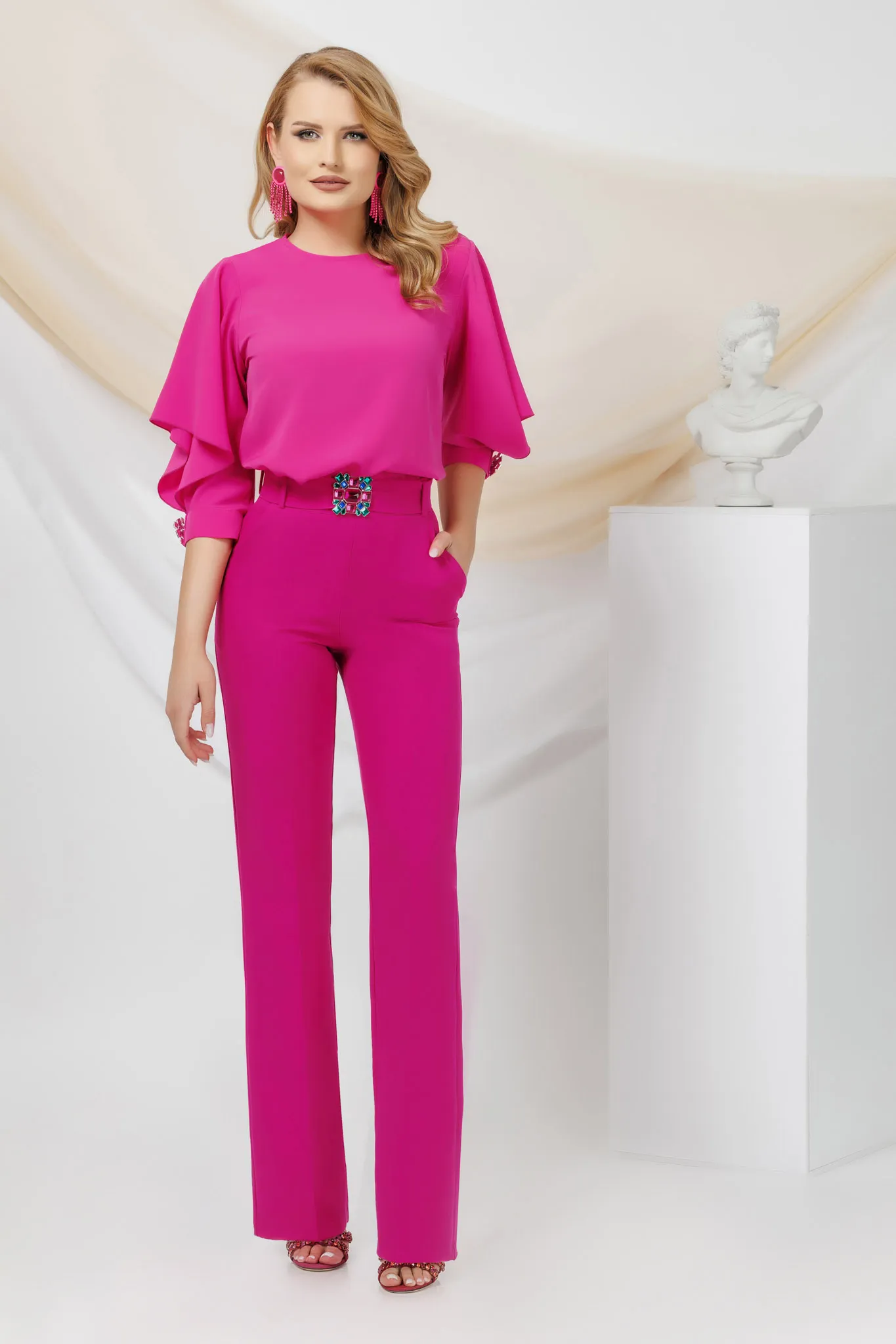 Pantaloni eleganti fucsia a gamba larga Pretty Girl con cintura rimovibile accessoriata con fibbia gioiello