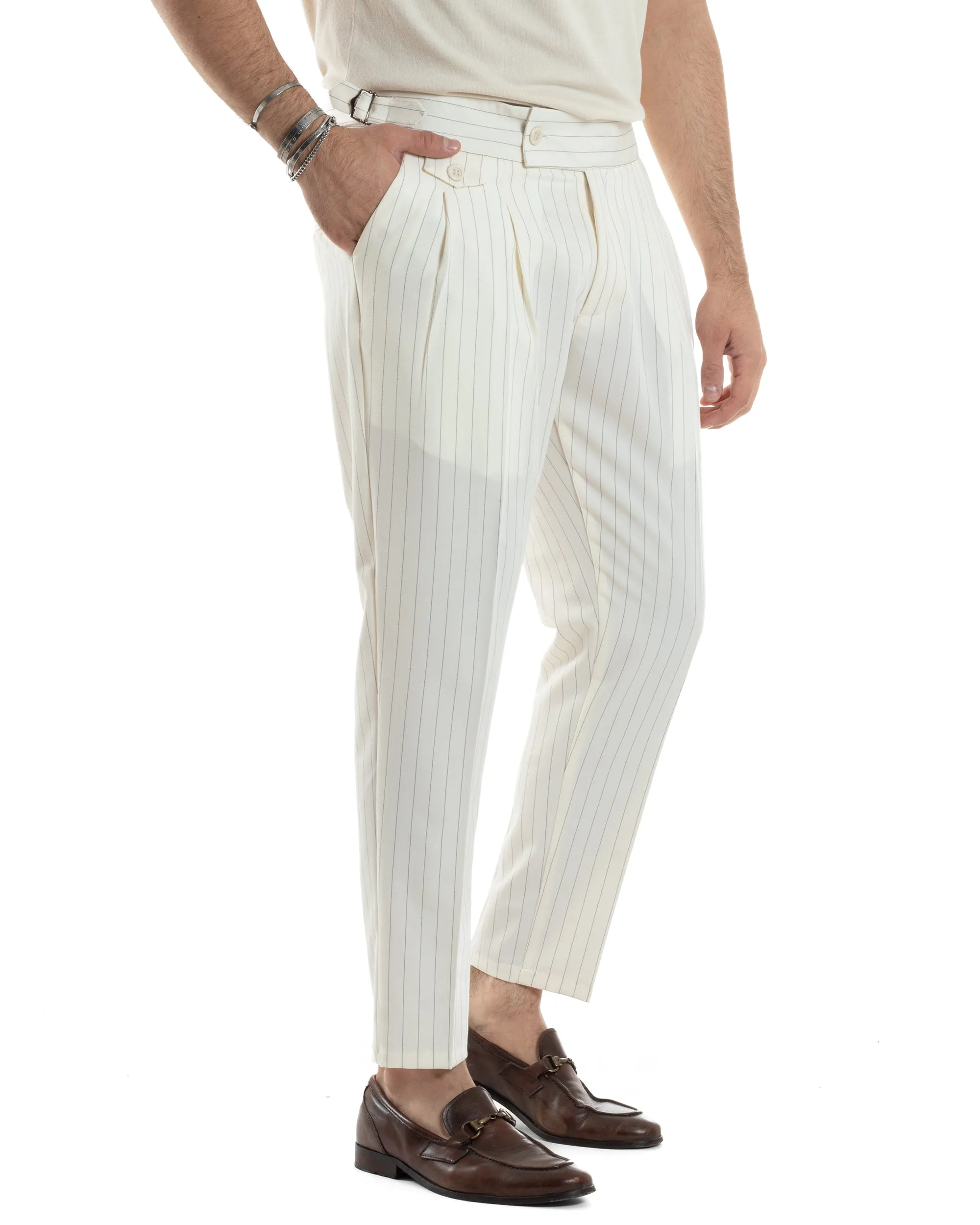 Pantaloni Uomo Classico Gessato Rigato Vita Alta Pinces Abbottonatura Allungata Fibbia Casual Bianco GIOSAL-P6085A