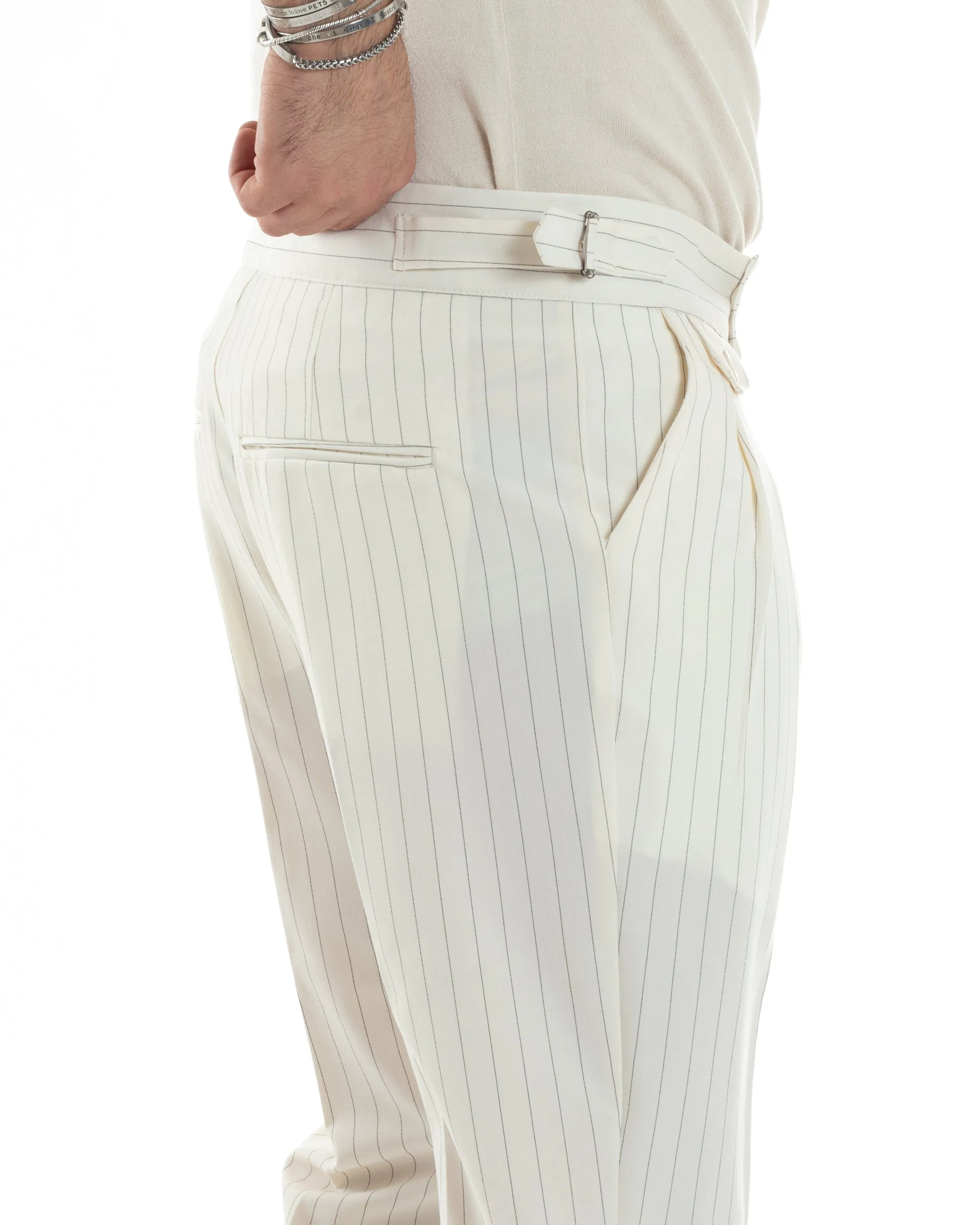 Pantaloni Uomo Classico Gessato Rigato Vita Alta Pinces Abbottonatura Allungata Fibbia Casual Bianco GIOSAL-P6085A