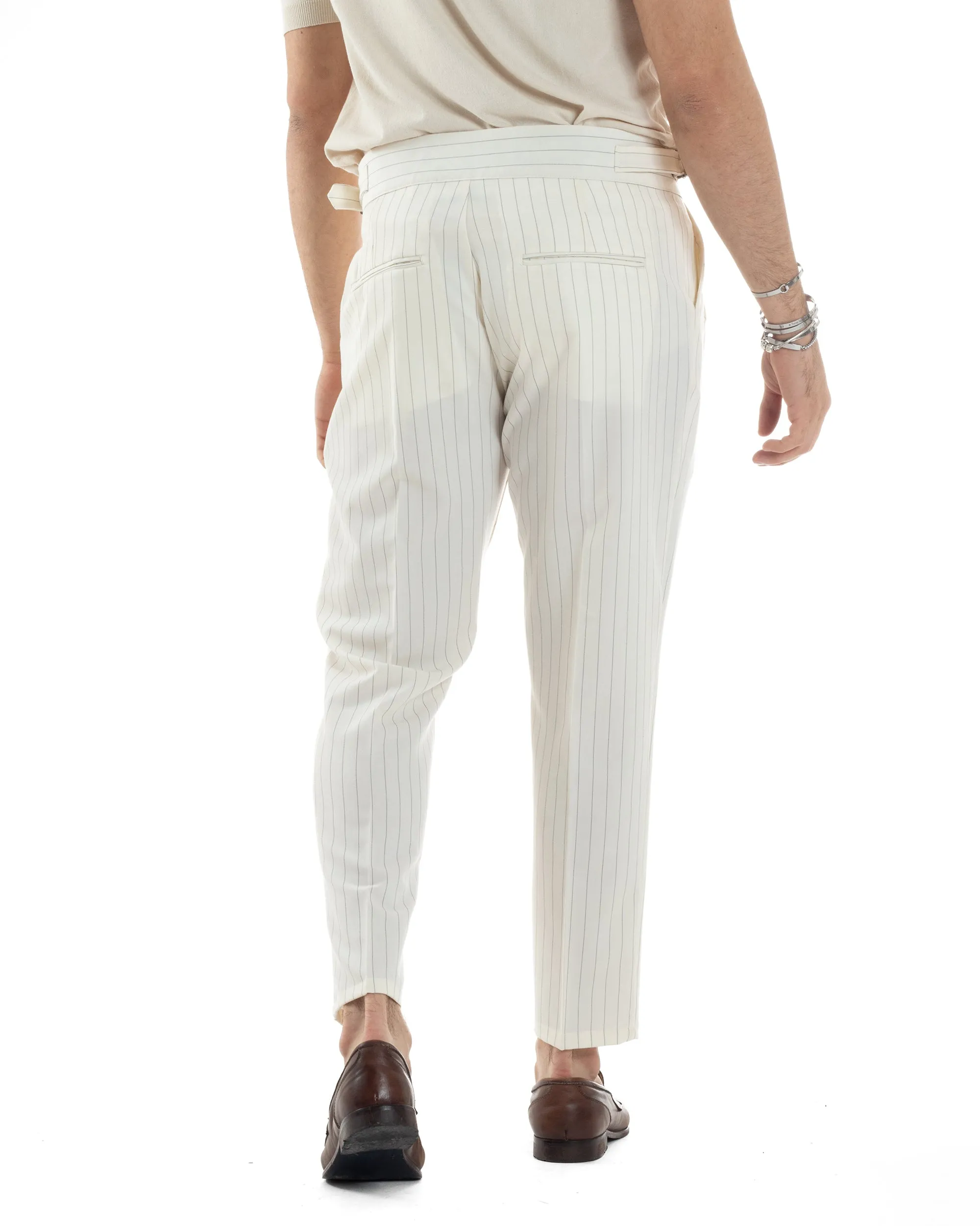 Pantaloni Uomo Classico Gessato Rigato Vita Alta Pinces Abbottonatura Allungata Fibbia Casual Bianco GIOSAL-P6085A