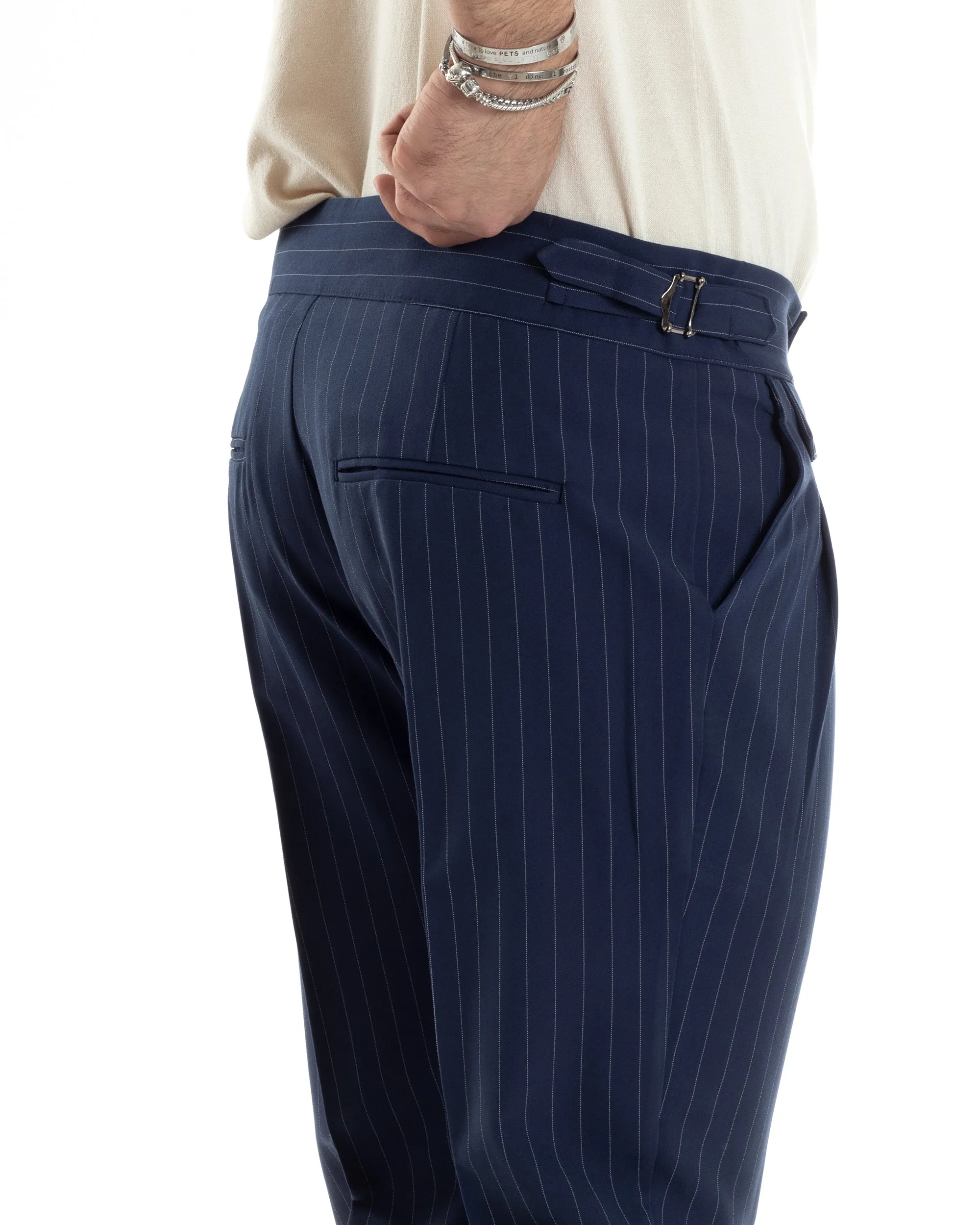 Pantaloni Uomo Classico Gessato Rigato Vita Alta Pinces Abbottonatura Allungata Fibbia Casual Blu GIOSAL-P6084A