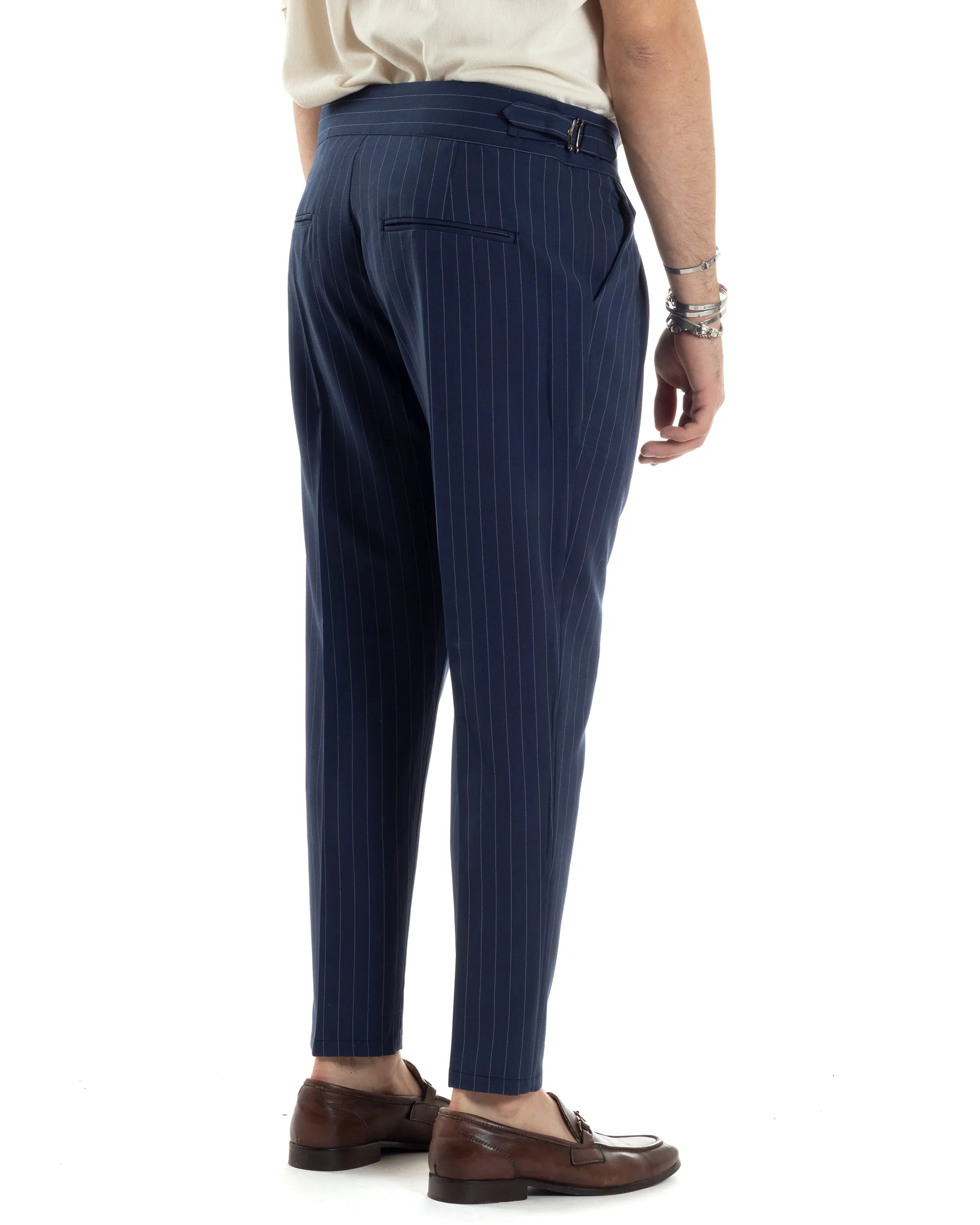 Pantaloni Uomo Classico Gessato Rigato Vita Alta Pinces Abbottonatura Allungata Fibbia Casual Blu GIOSAL-P6084A