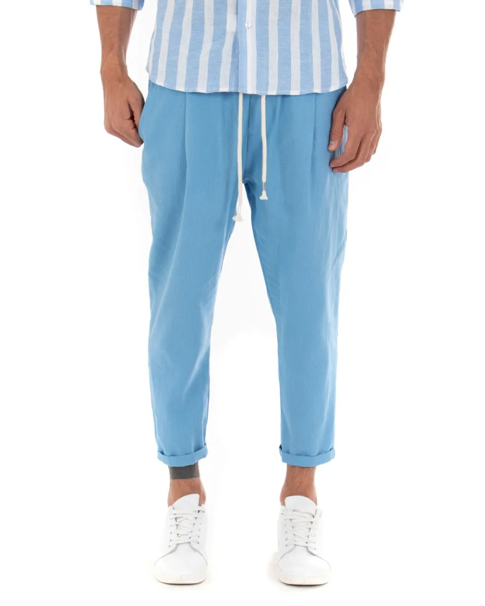 Pantaloni Uomo Pantalaccio Lino Lungo Jogger Elastico Sartoriale Casual Tinta Unita Azzurro GIOSAL-P3799A