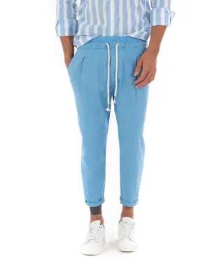 Pantaloni Uomo Pantalaccio Lino Lungo Jogger Elastico Sartoriale Casual Tinta Unita Azzurro GIOSAL-P3799A