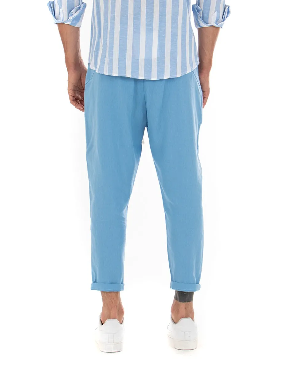 Pantaloni Uomo Pantalaccio Lino Lungo Jogger Elastico Sartoriale Casual Tinta Unita Azzurro GIOSAL-P3799A