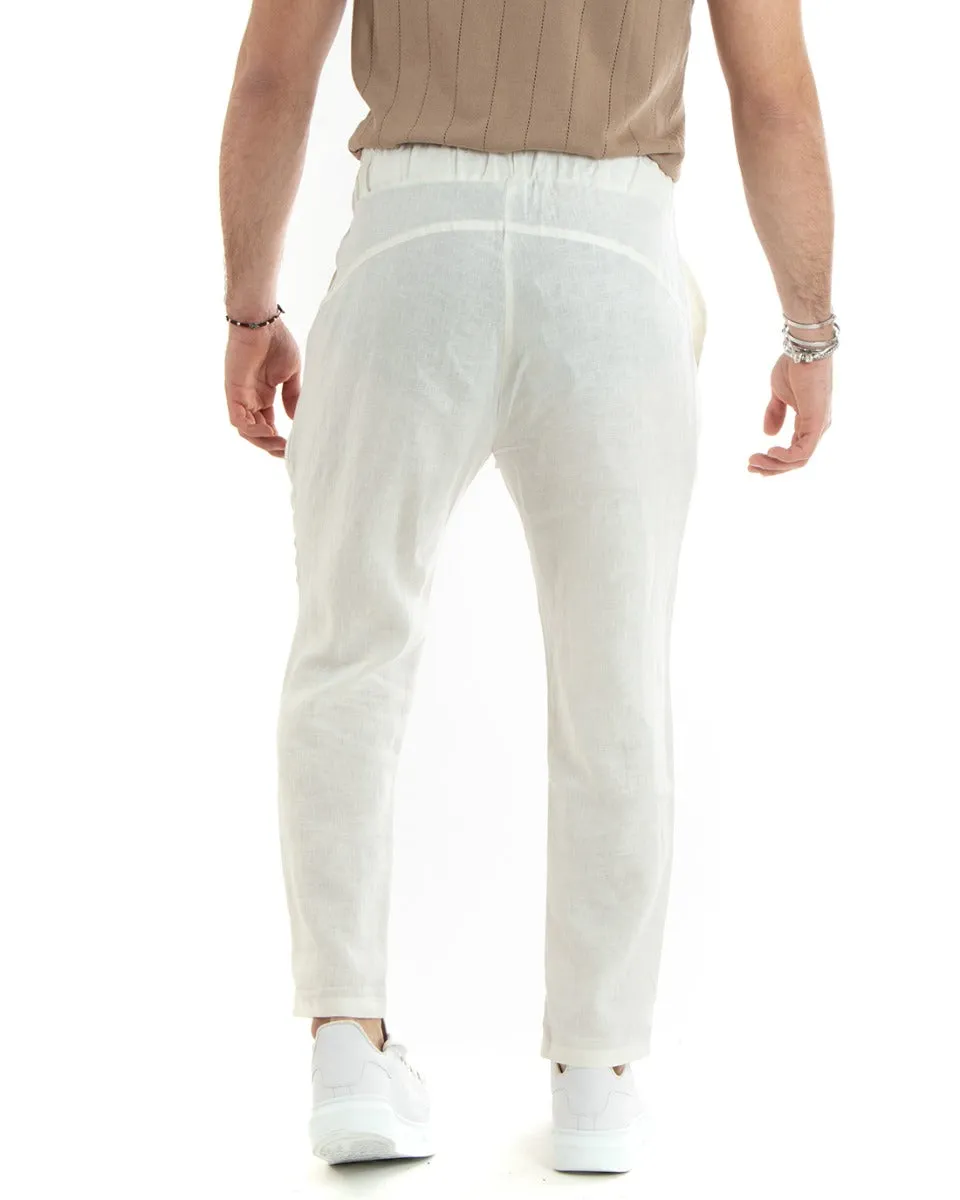 Pantaloni Uomo Pantalaccio Lino Lungo Jogger Elastico Sartoriale Casual Tinta Unita Bianco GIOSAL-P5818A