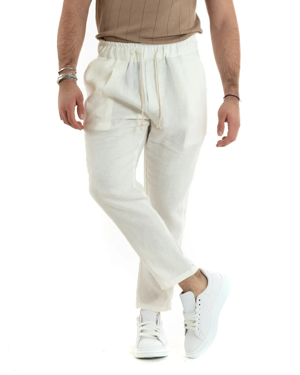 Pantaloni Uomo Pantalaccio Lino Lungo Jogger Elastico Sartoriale Casual Tinta Unita Bianco GIOSAL-P5818A